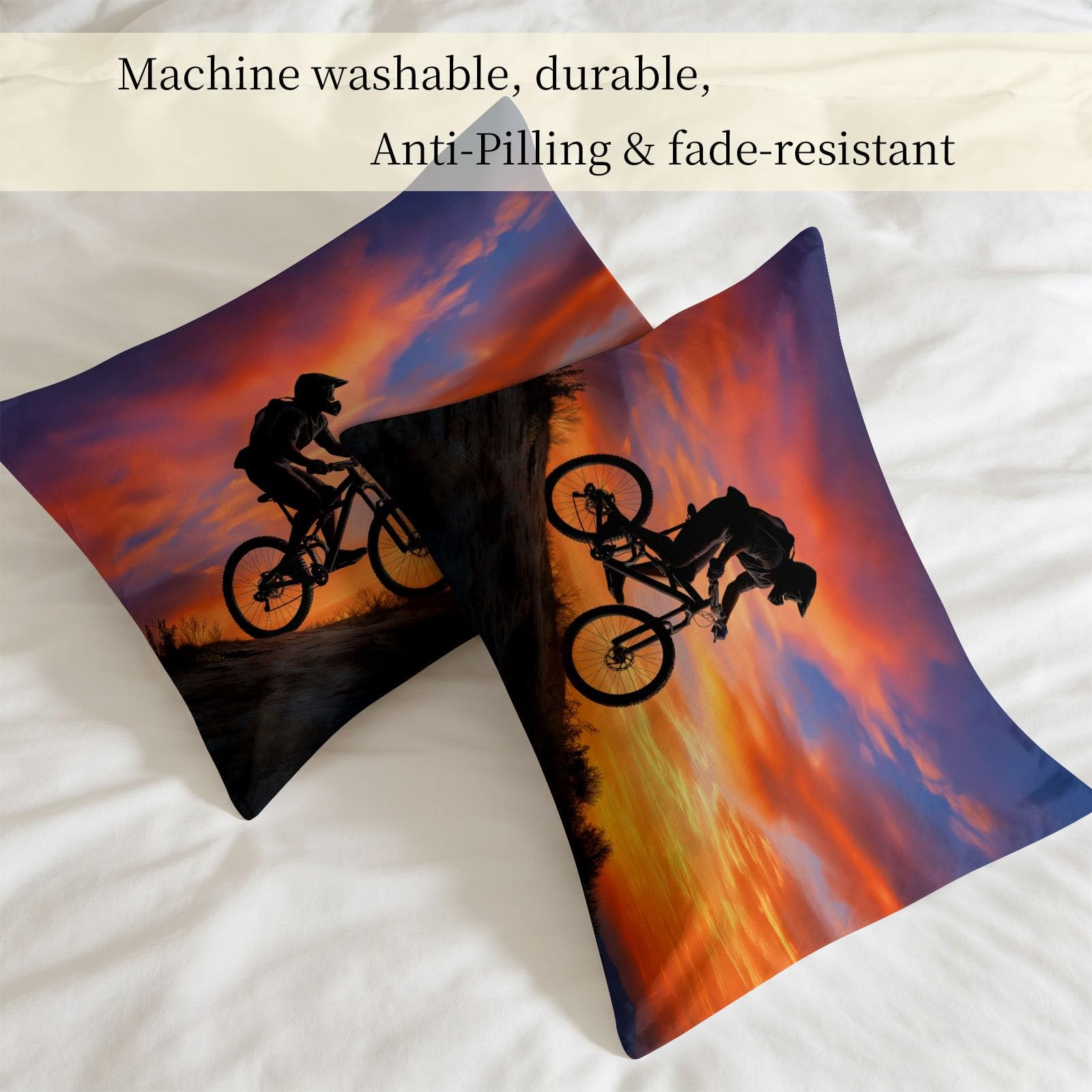 Generisch Piumino da 200 x 200 cm, motivo foresta, tramonto e bicicletta, utilizzabile per 4 stagioni, senza rivestimento, soffice e morbido, per fotografia, ciclismo, lavabile, con federa