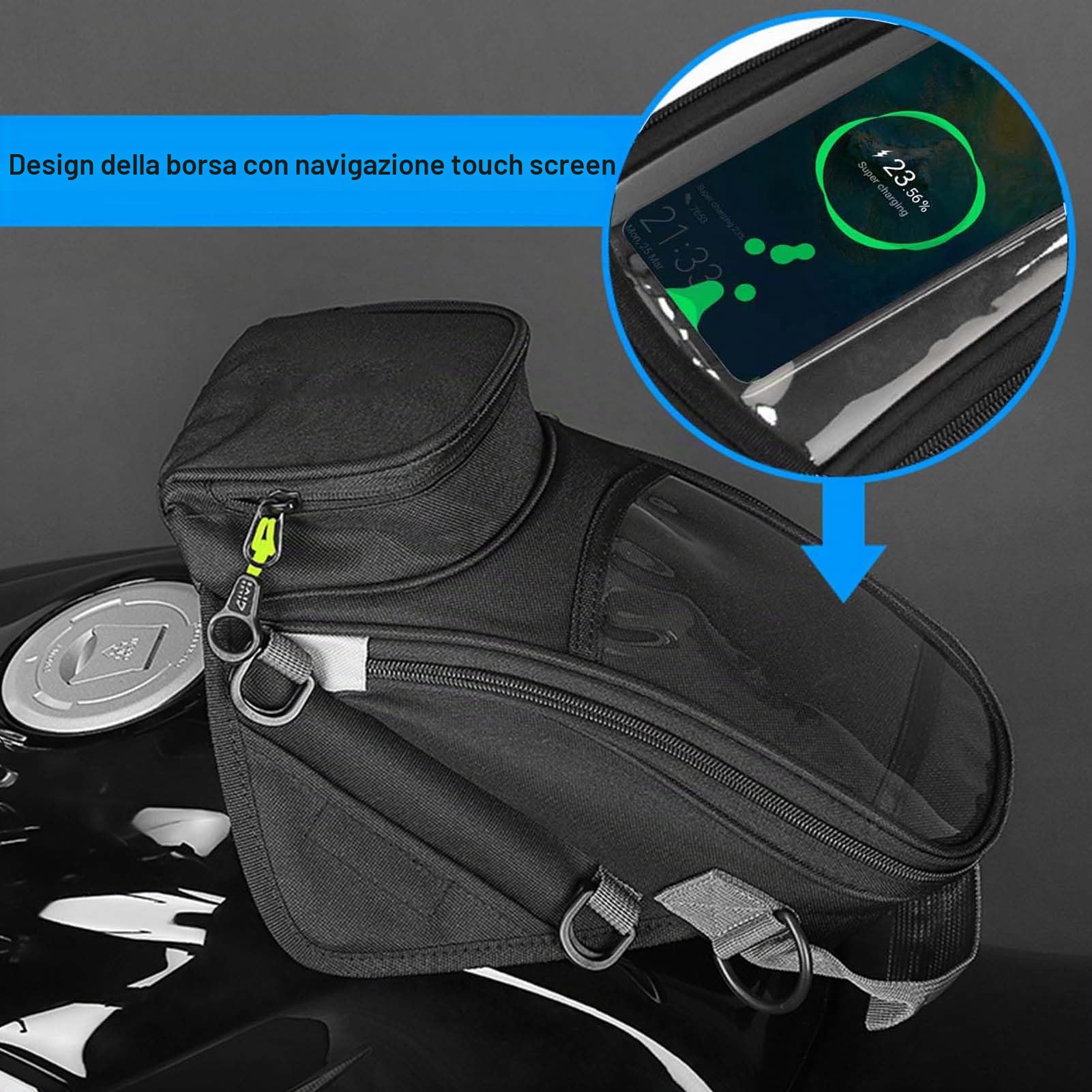Borsa Magnetica per Serbatoio Moto, Antiscivolo, Nera, Resistente, Adatta per la Maggior Parte delle Moto, Design Touch Screen