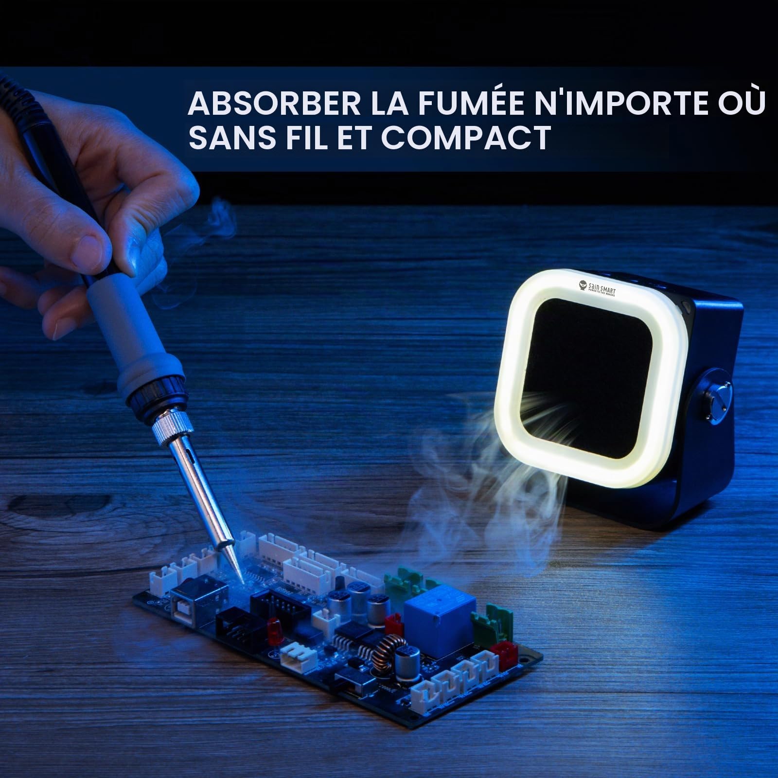SainSmart Mini extracteur de vapeur de soudure, absorbeur de fumée CSE01 avec contrôle à 3 vitesses 10 000 tr/min et filtre à charbon actif, rechargeable de type C, purificateur de fumée portable de
