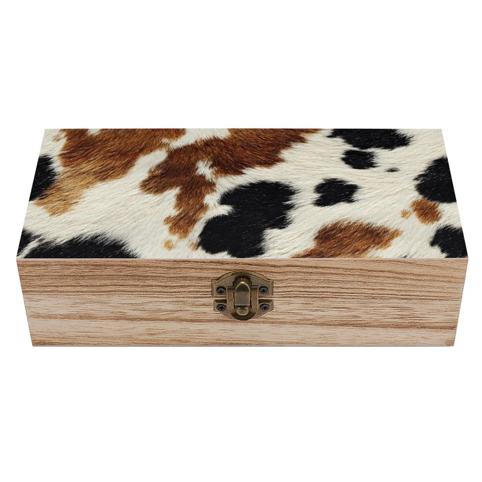 HLBSDM Brown Cow Print Wooden Box with Hinged Lid Decorative Storage Case Container