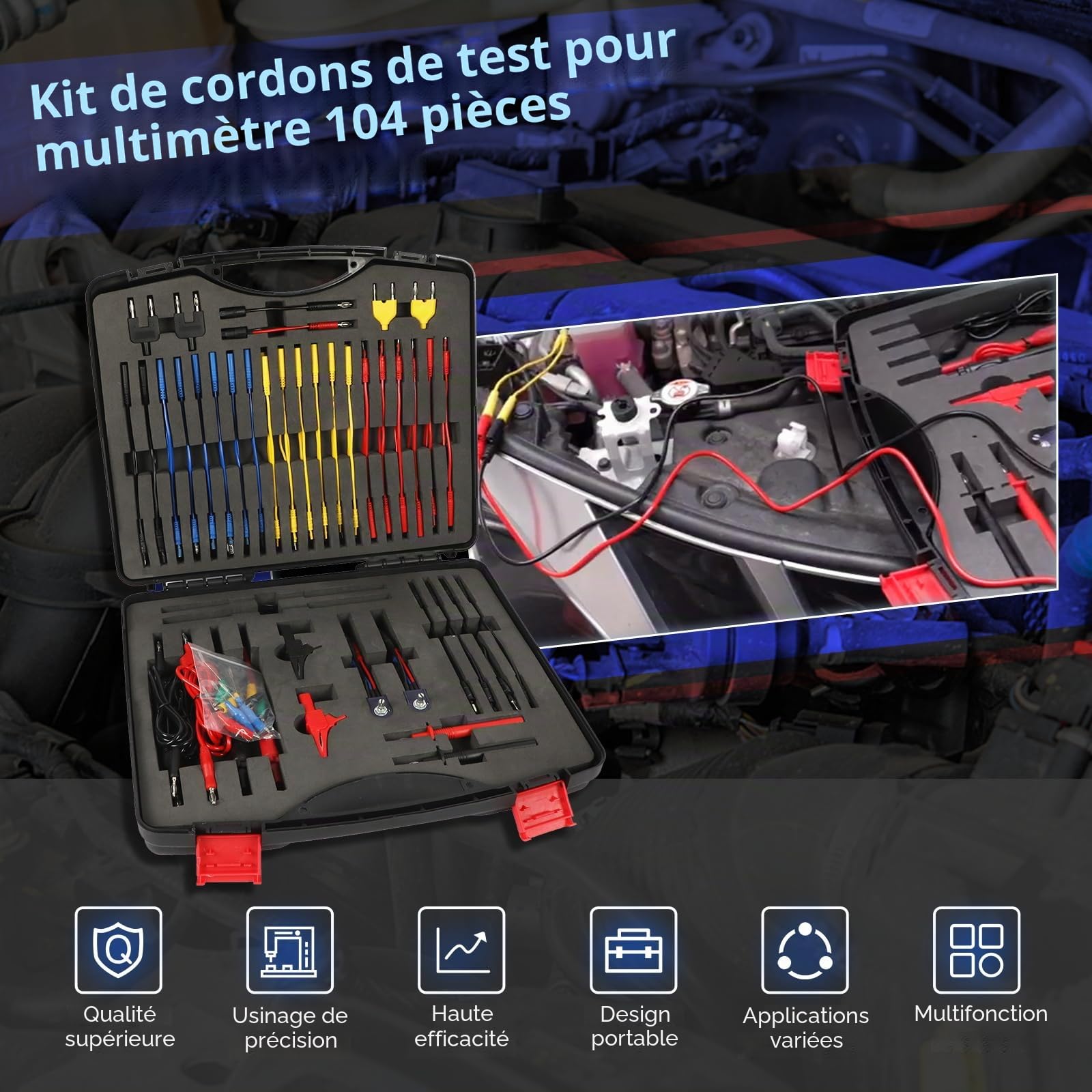 Ensemble de 104 cordons de test pour multimètre Kit de cordons de test de circuit automobile Kit de cordons de dérivation électrique Kit automobile avec pinces crocodiles
