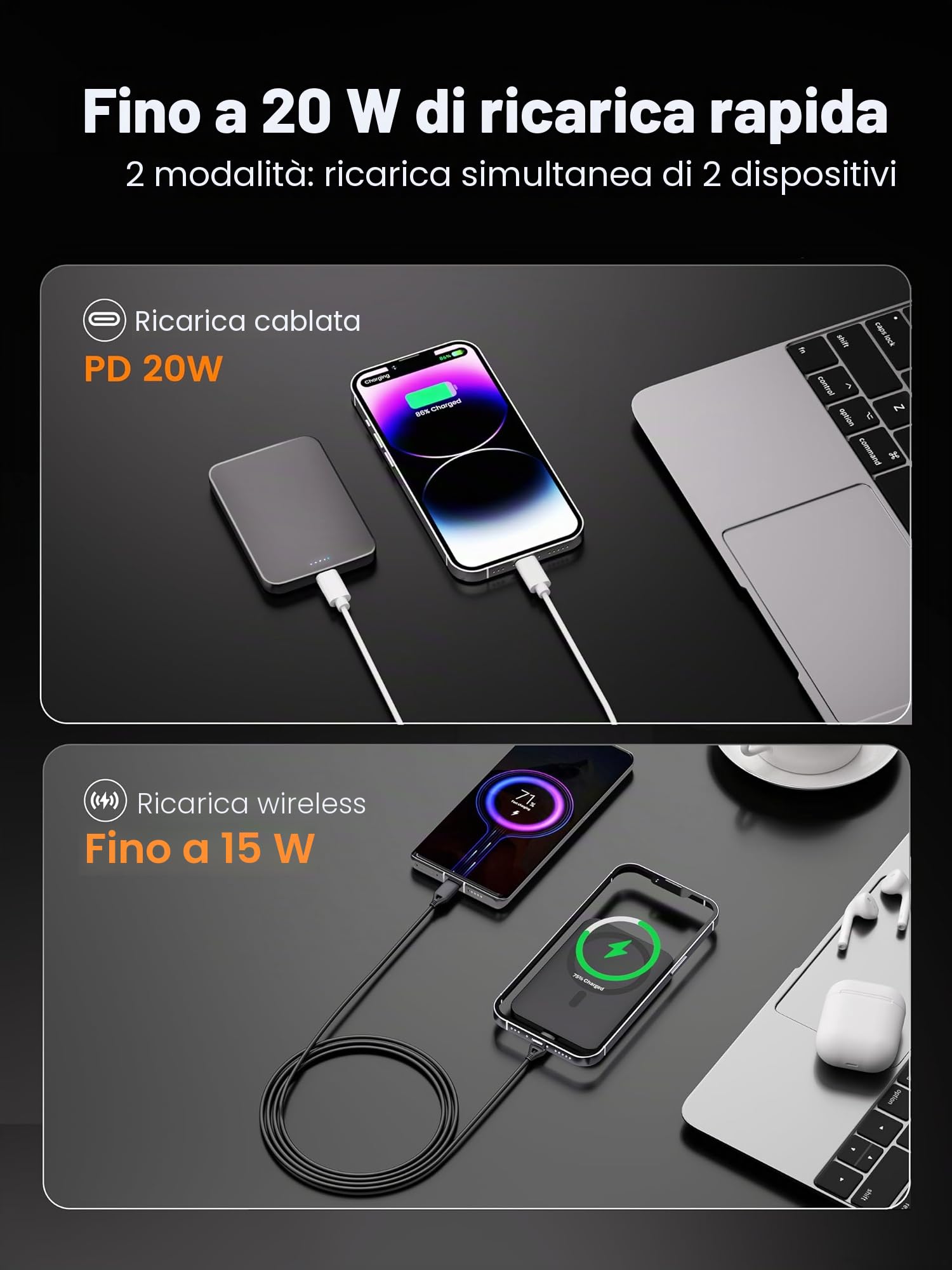 kstime Power bank magnetico, 5000 mAh, 8 mm, design in titanio ultra sottile, PD20W, caricabatterie wireless portatile con ingresso e uscita USB-C compatibile con iPhone 17/16/15/14/13/12 serie