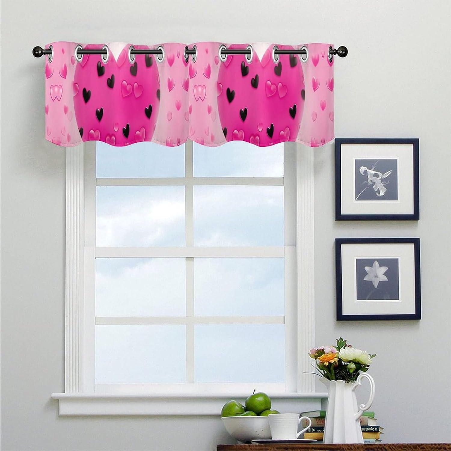 Pink Love Heart Valance for Windows, 2 Pack Kitchen Curtains Modern Home Decor, Soft Blackout Window Curtains for Living Room & Bedroom, 18 X 52 Inch