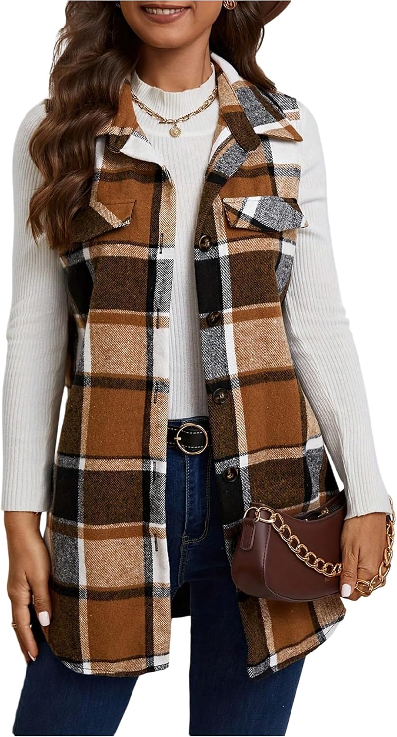 SweatyRocks Women's Flannel Plaid Vest Sleeveless Button Down Blazer Jacket Coat Fall Winter Trendy Vests - Image 2