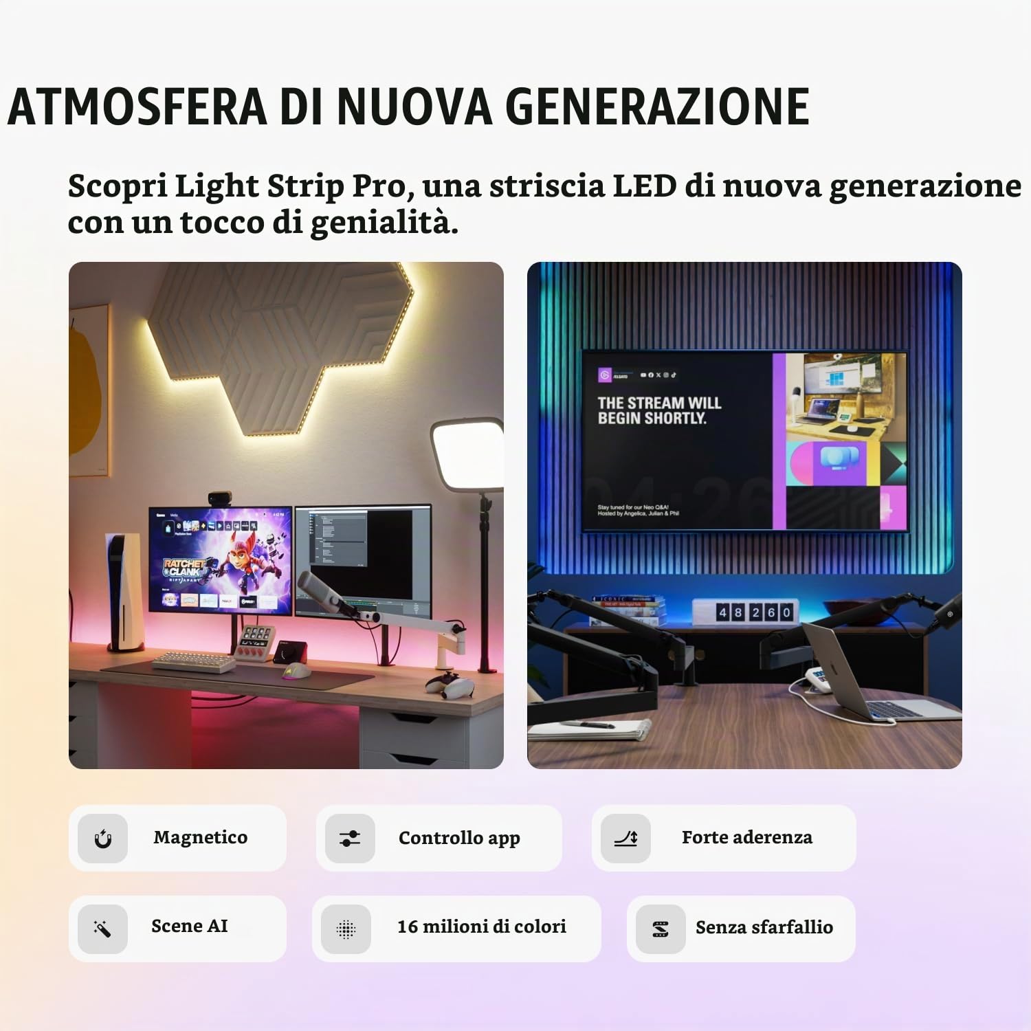 Elgato Light Strip Pro – LED RGB controllabili individualmente, scene IA, velocità/intensità/direzione regolabili – controllato tramite app su Mac, PC, iPhone, Android, Stream Deck
