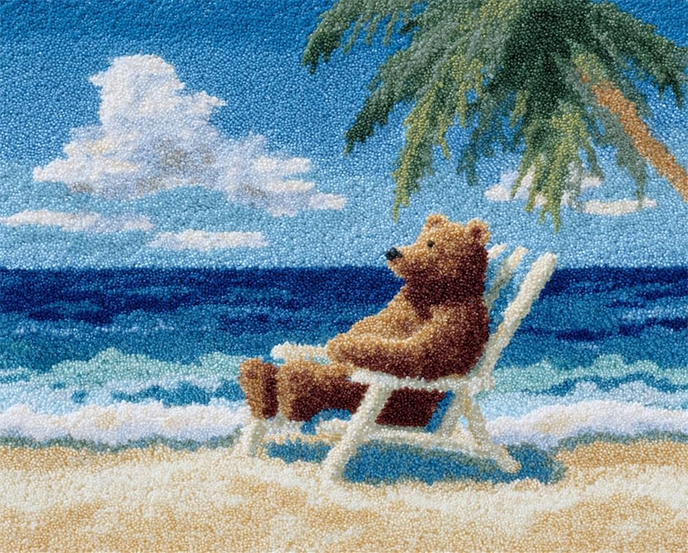 Latch Hook Rug Kits Bear Sitting On A Beach Chair Christmas Rug Making Kits for Beginners Adults Tapestry Kits Embroidery Kits Craft Kit Carpet Doormat Creative Gift Home Decoration 39X55In
