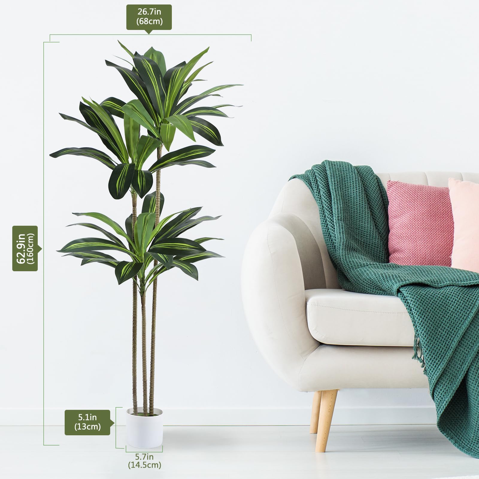 Kunstpflanze Drachenbaum 160cm – Künstlicher Baum mit weißen Topf | Realistischer Deko für Wohnzimmer Büro, pflegeleichte Palme künstlich wie echt, dekorative Zimmerpflanze für Innenräume