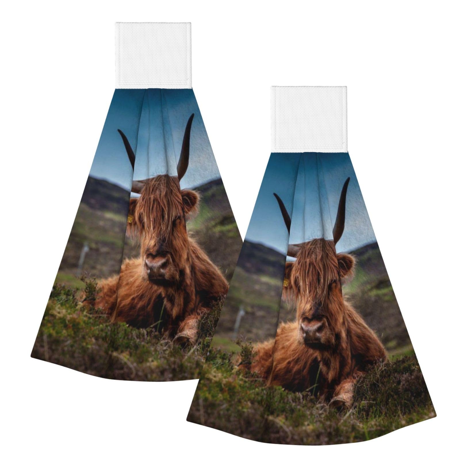 DOPKLNA Highland Cow, 2 Pcs Hanging Coral Fiber Hand Towels for Bathroom, Absorbent Kitchen Towels