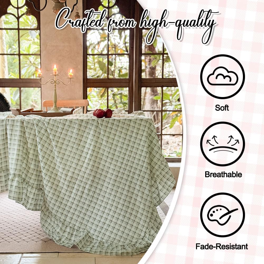 NSNLGSGC Sage Green Plaid Gingham Ruffled Tablecloth Rectangle, Washed Cotton Blended Checkered Table Cover for Dining Room or Kitchen, Fits 4-6 Seater Table 52"x 70"
