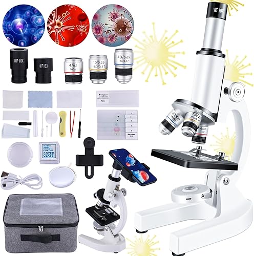 Microscopio para niños, 40X-2000X Microscopio compuesto adaptador de teléfono móvil con microscopio diapositiva kit de microscopio para laboratorio