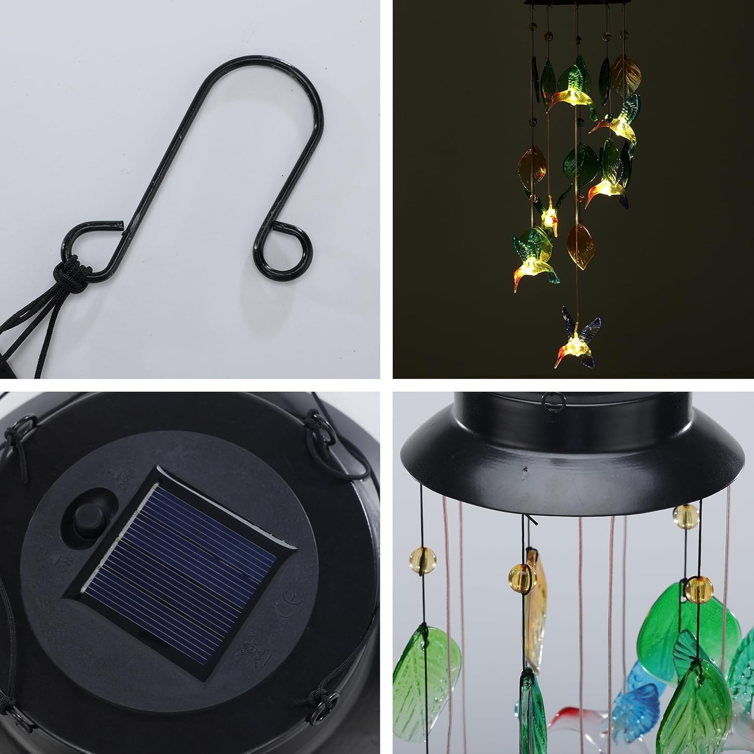 Colorful Hummingbird Wind Chimes with Solar-Powered Flashing Lights, 13 Inch Colorful Shell Hanging Decor for Outdoor Garden Patio Yard Home Indoor Outdoor Wall Window Decor