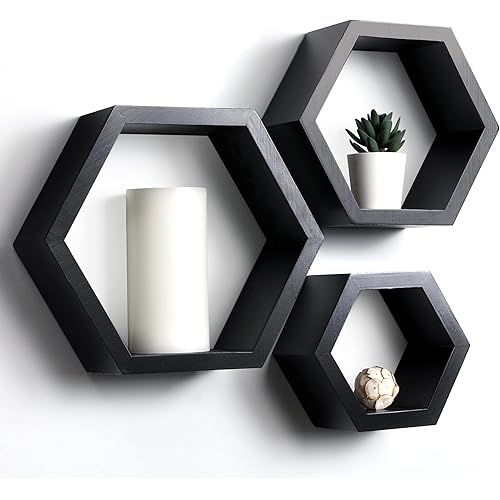 Set of 3 Pine Wood Hexagon Shelves for Wall Decor - Farmhouse Honeycomb Shelves for Living Room Decor, Kitchen Storage, Wall Mount Rustic Boho Shelves
