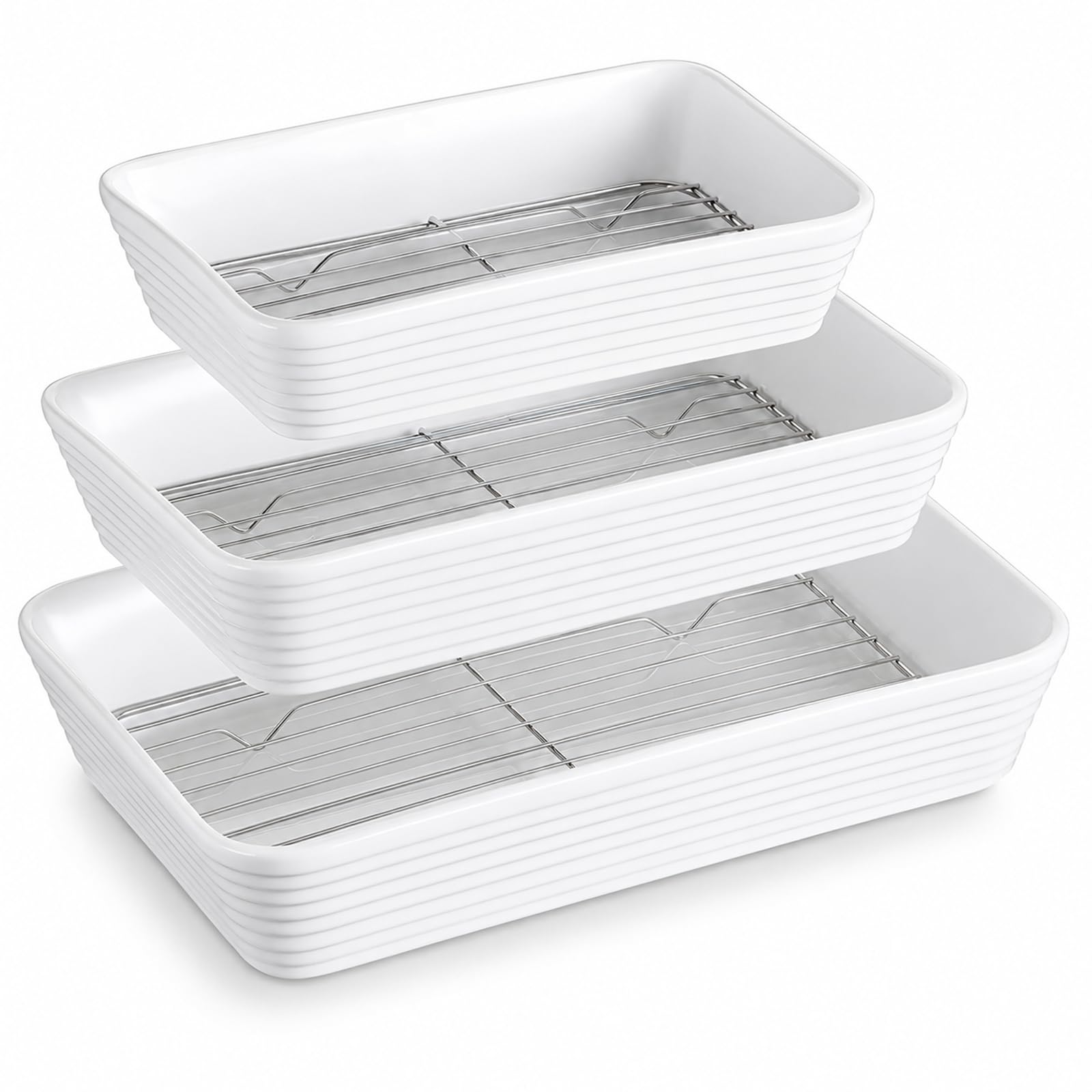 ONEMORE Set di 3 Pirofile in Ceramica con Griglia | Teglie Rettangolari per Forno | Ideali per Lasagne, Tiramisù, Sformati e Gratinati | 3 Dimensioni: 2,8L, 2L, 1,2L