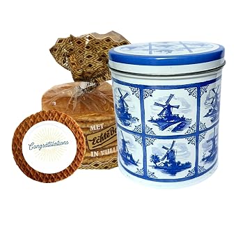 DeReuze Dutch Stroopwafels Gift Set with Decorative Netherlands Inspired Design Blue Tin and Special Occasion Gift Message Shipped in Organza Bag Congratulations