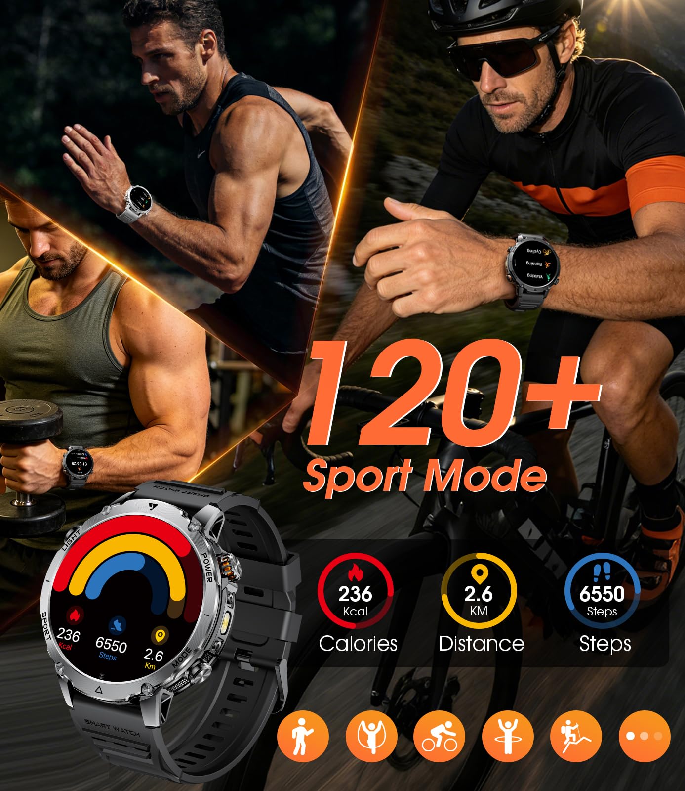 LIGE Militär Smartwatch Herren, 1400mAh Akku, 1,7 Zoll HD Große Smart Watch mit LED Taschenlampe, Bluetooth Anruf, 110+ Sportmodi, IP68 Wasserdicht, Fitnessuhr für Android iOS, 2 Armbändern, Schwarz