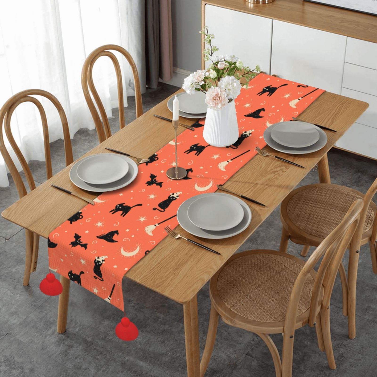 Chemin de table Noël chat noir et étoiles, idée cadeau originale pour anniversaire et décoration d'intérieur