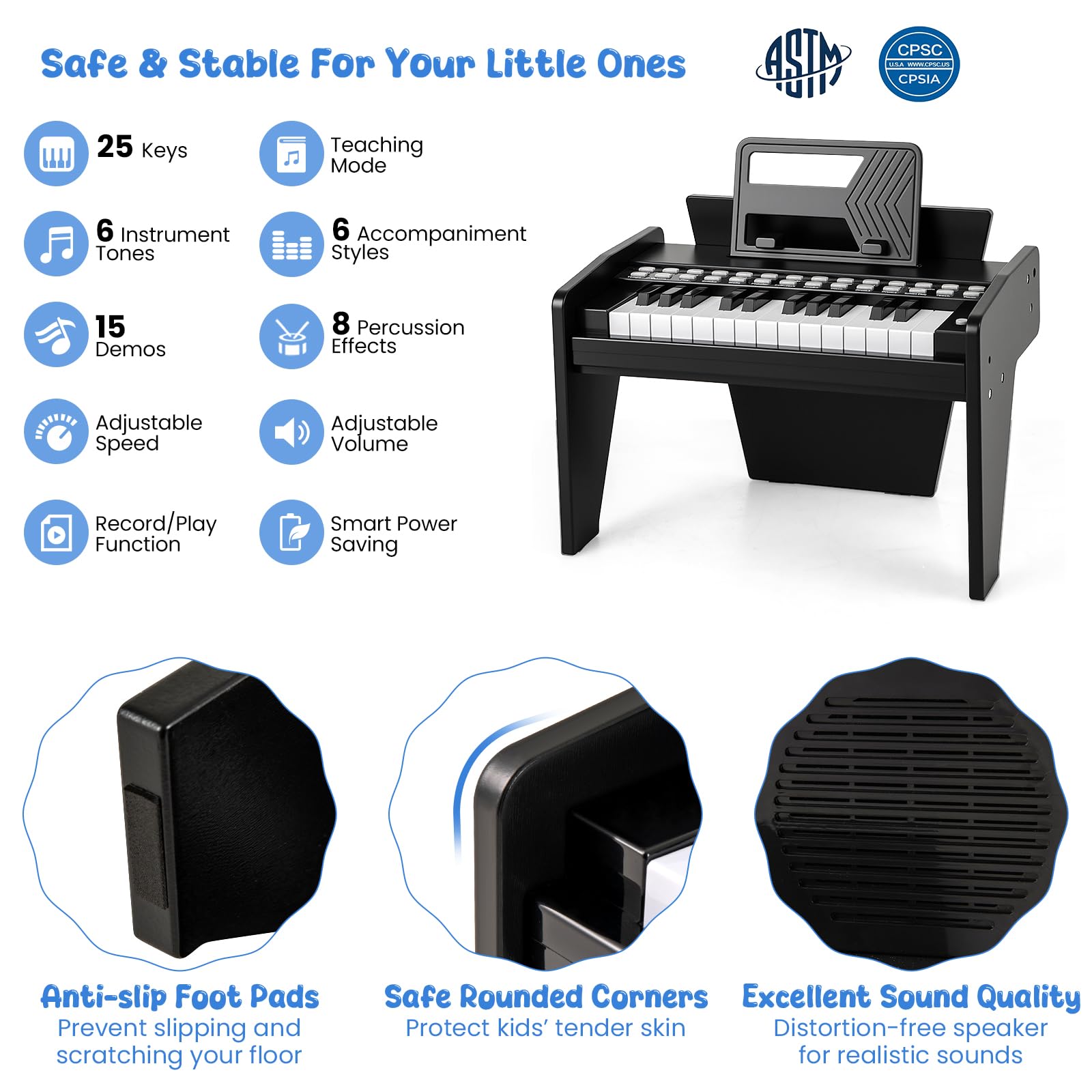 KOMFOTTEU Tastiera a 25 tasti per bambini, pianoforte elettronico con tasto luminoso e leggio, pianoforte digitale per bambini di 18+ mesi, registrazione e lettura, modalità di apprendimento (nero)