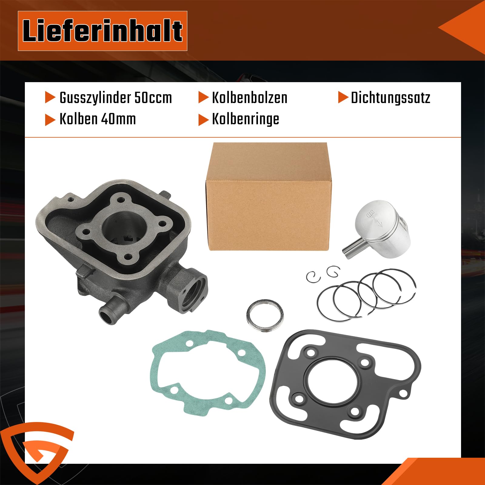 50ccm Zylinder Kit, inkl. 40mm Zylinderbohrung und 12mm Kolbenbolzen, mit Kolbenringe Kolbenclips Dichtsatz, kompatibel mit Peugeot Ludix 2 für Jet Force für Jetforce C-Tech für Ludix 50 LC