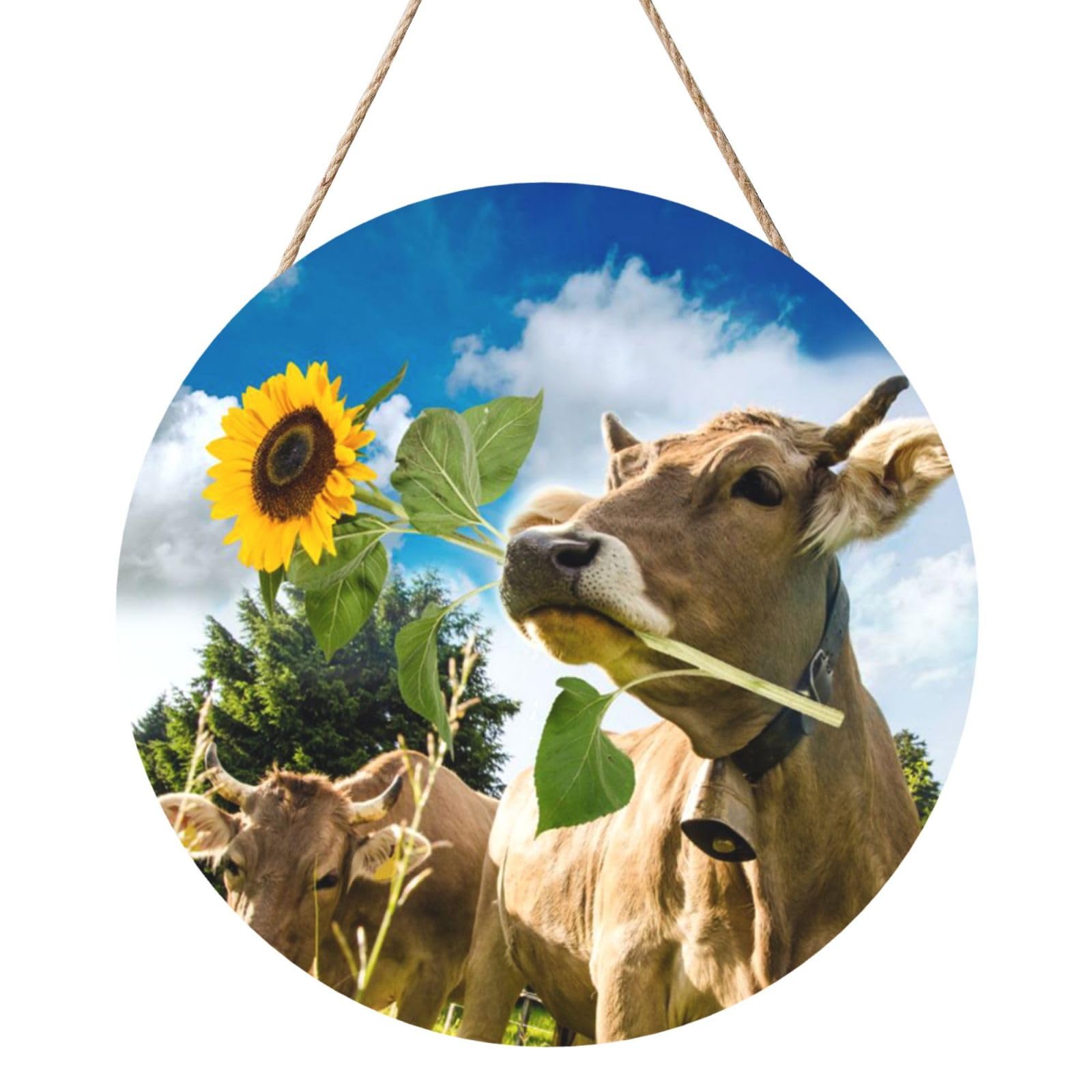 InOmak Cow With Sunflower, Round Wood Panel Painting 12 in, Wall Hanging Painting For Home
