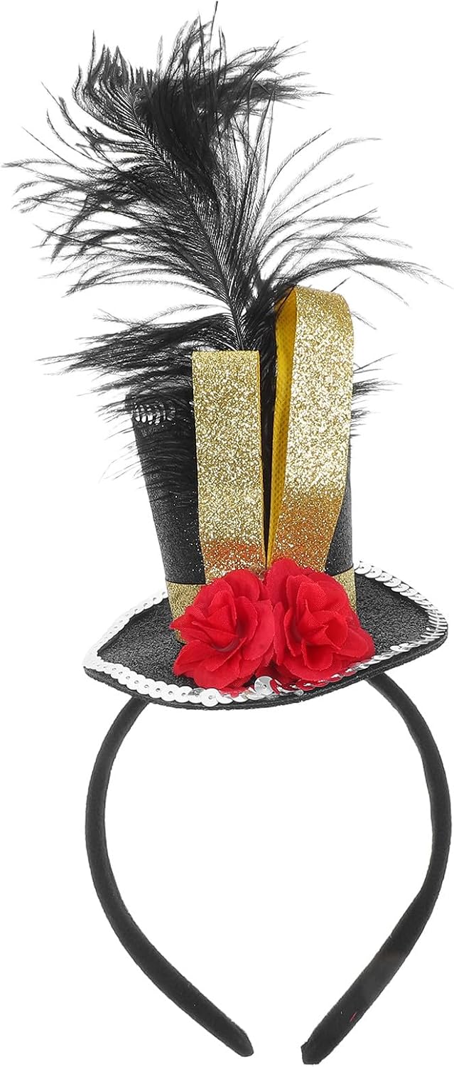 FAVOMOTO Mini Top Hat Headband Fascinator, Sequin Feather Top Hat Hair Accessory for Women Tea Party Ringmaster Circus Carnival Christmas & Costume Events