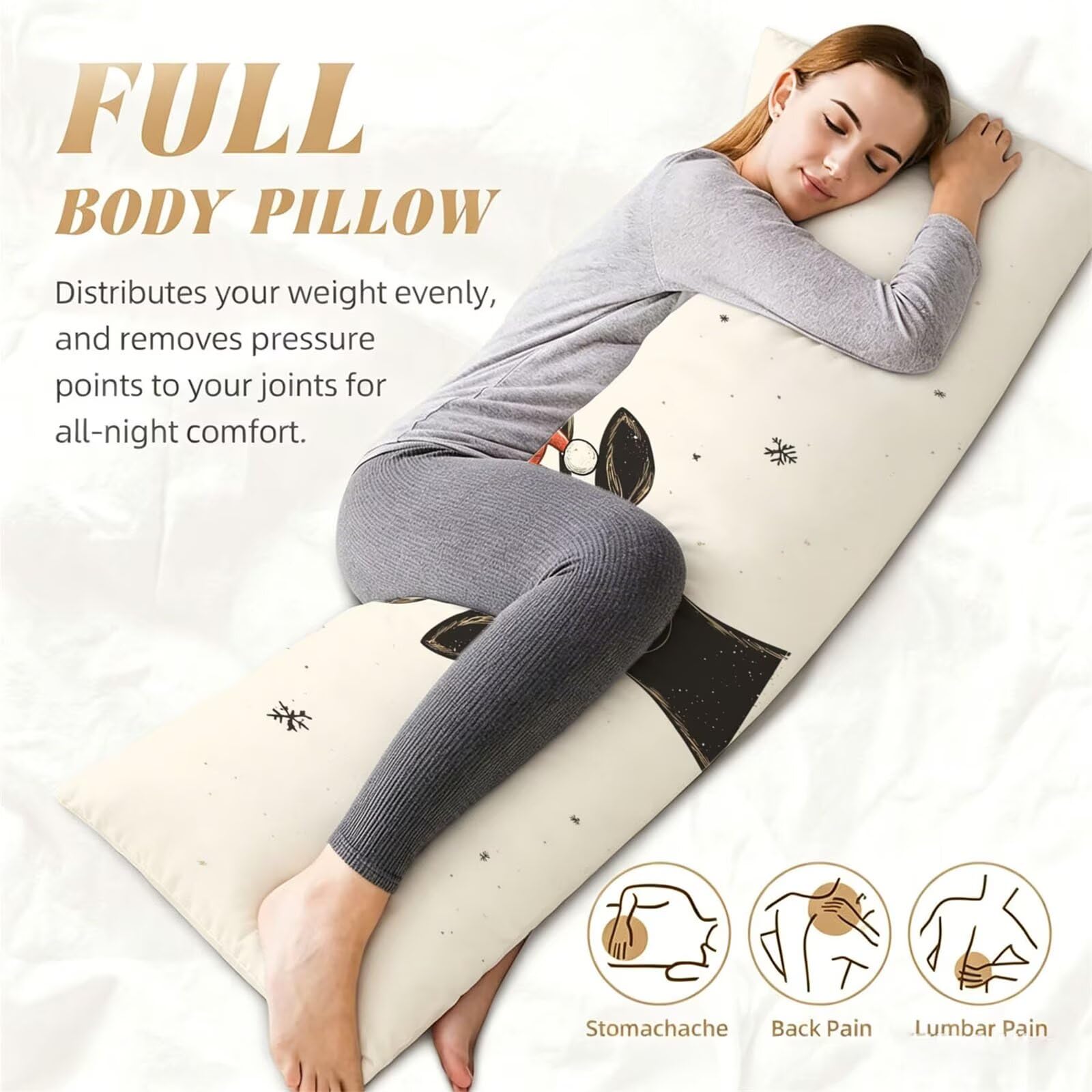 Funda de Almohada 60 x 180 cm Beige Protector Almohada 180 cm con Cremallera Invisible, Lino Durable y Transpirable Pillow Case Largas Ciervo Impresión a Doble Cara para Cama, Sofá y Dormitorio dg-308