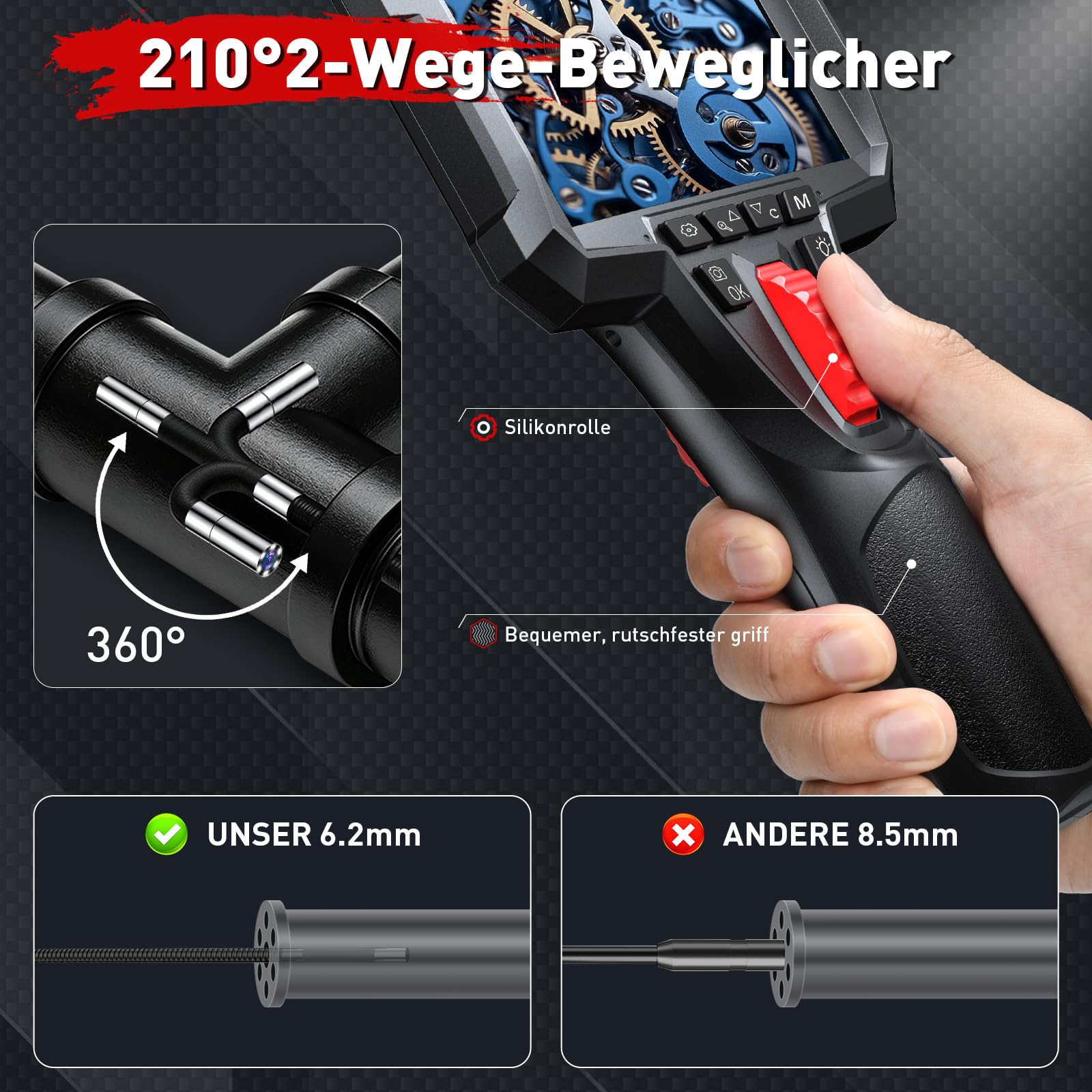Endoskopkamera mit Licht, Rohrkamera mit 6,2mm Beweglichem Kopf | 210° Drehbar Inspektionskamera, 4,3" IPS-Bildschirm, IP67 Wasserdicht, 32GB Karte, für KFZ, Motor, Rohre und Werkstatt