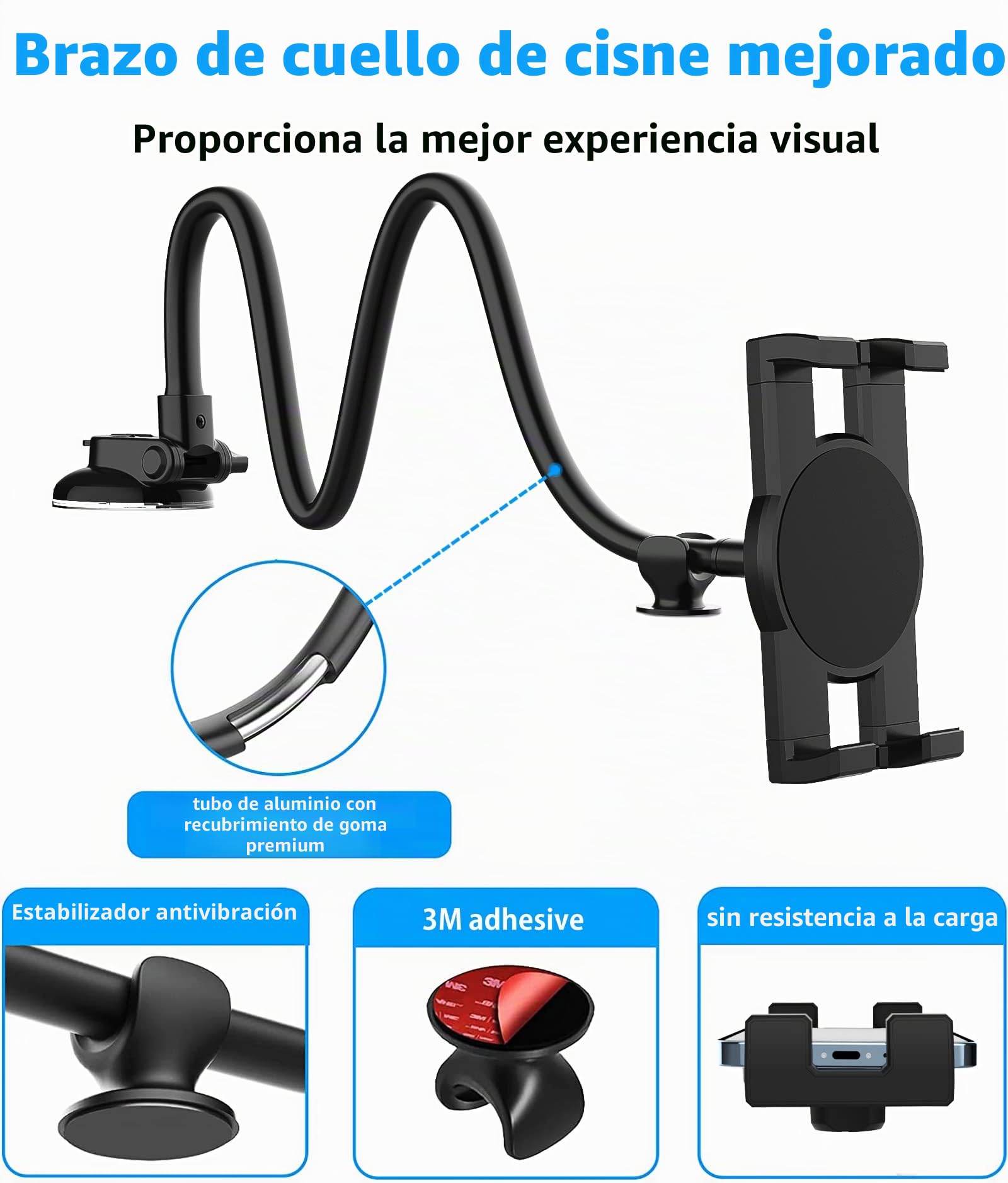 Soporte Tablet Coche Flexible con Ventosa Fuerte, Brazo Cuello Cisne 34 cm | Soporte Tablet Coche Salpicadero Parabrisas para iPad Pro Air Mini, Galaxy Tab, Fire, iPhone, 4-13" Móviles y Tablets