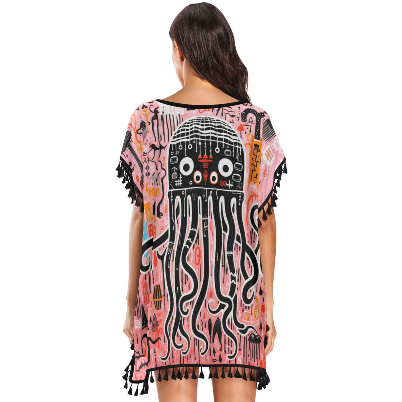 Pink Jellyfish Lobsters Art Women's Beach Cover Up Chiffon Tassel Swimwear Swimsuit Coverups for Girl