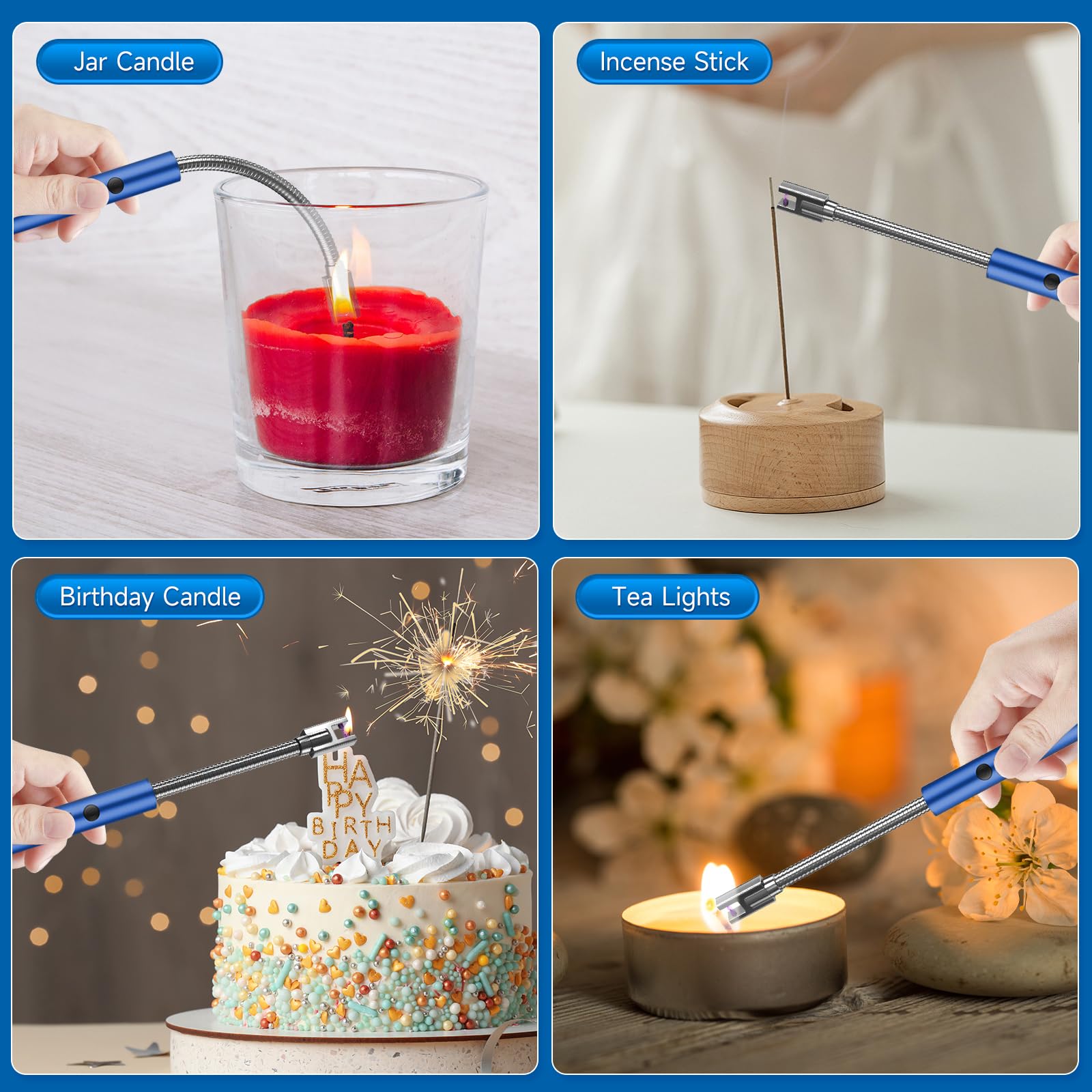 Flame bird Paquete de 2 encendedores eléctricos de velas sin llama, arco resistente al viento, flexible, cuello largo, recargable por USB, para barbacoa, parrilla, fuegos artificiales, camping, (azul)