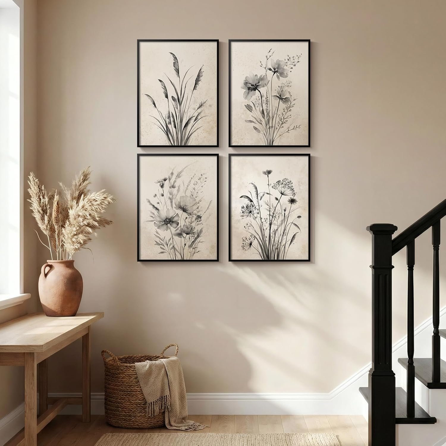 Framed Vintage Botanical Wall Art, 4 Piece Neutral Rustic Boho Floral Canvas Painting Prints for Modern Farmhouse, Black and White Flower Pictures for Living Room Bedroom Dining Room Wall Decor, 12x16