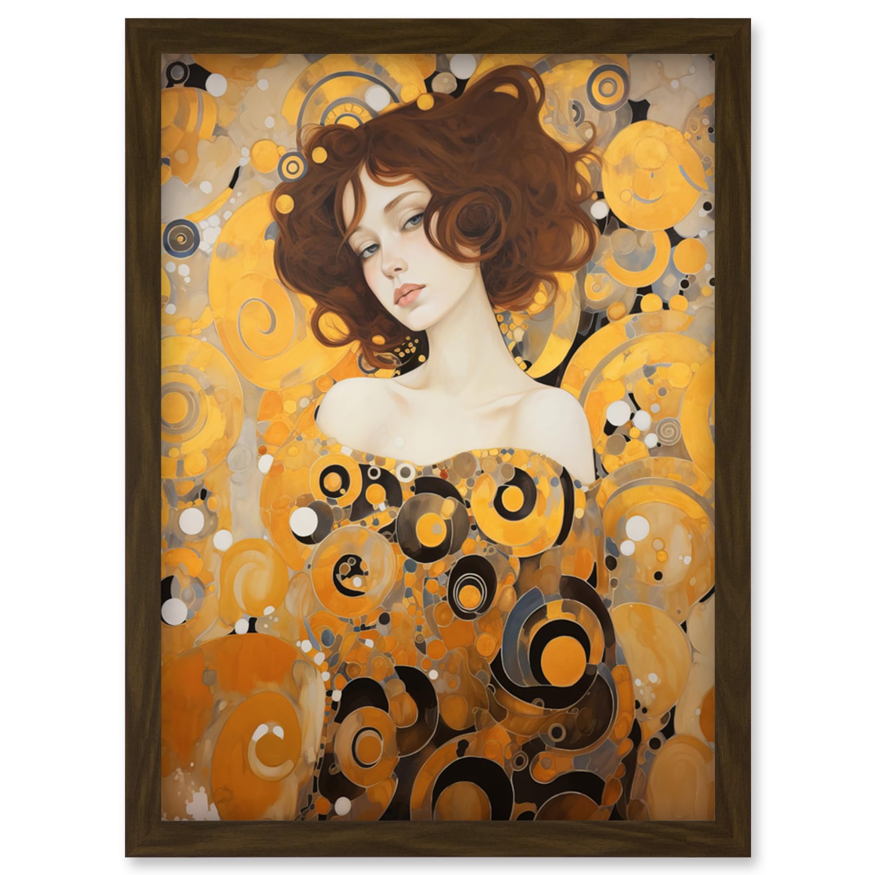 Artery8 Woman Portrait Gustav Klimt Style Oil Painting Gold Brown Artist Muse Art Nouveau Artwork Framed Wall Art Print A4