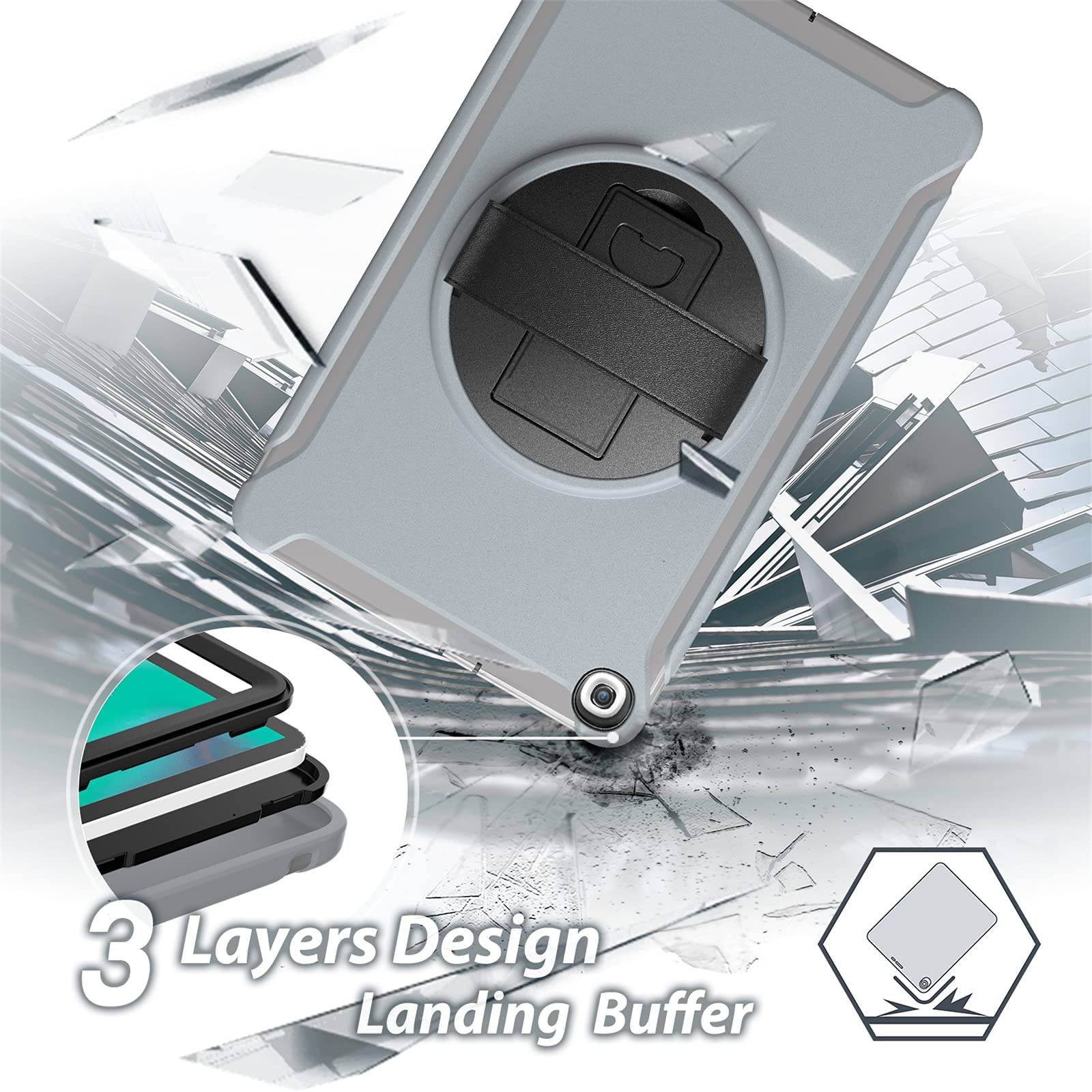 Funda para Samsung Galaxy Tab A 10.1 Pulgadas 2019 (SM-T510/T515/T517), Heavy Duty Three Layers Antichoque Carcasa Rugosa con 360 Soporte Rotación Correa de Mano Anticaída