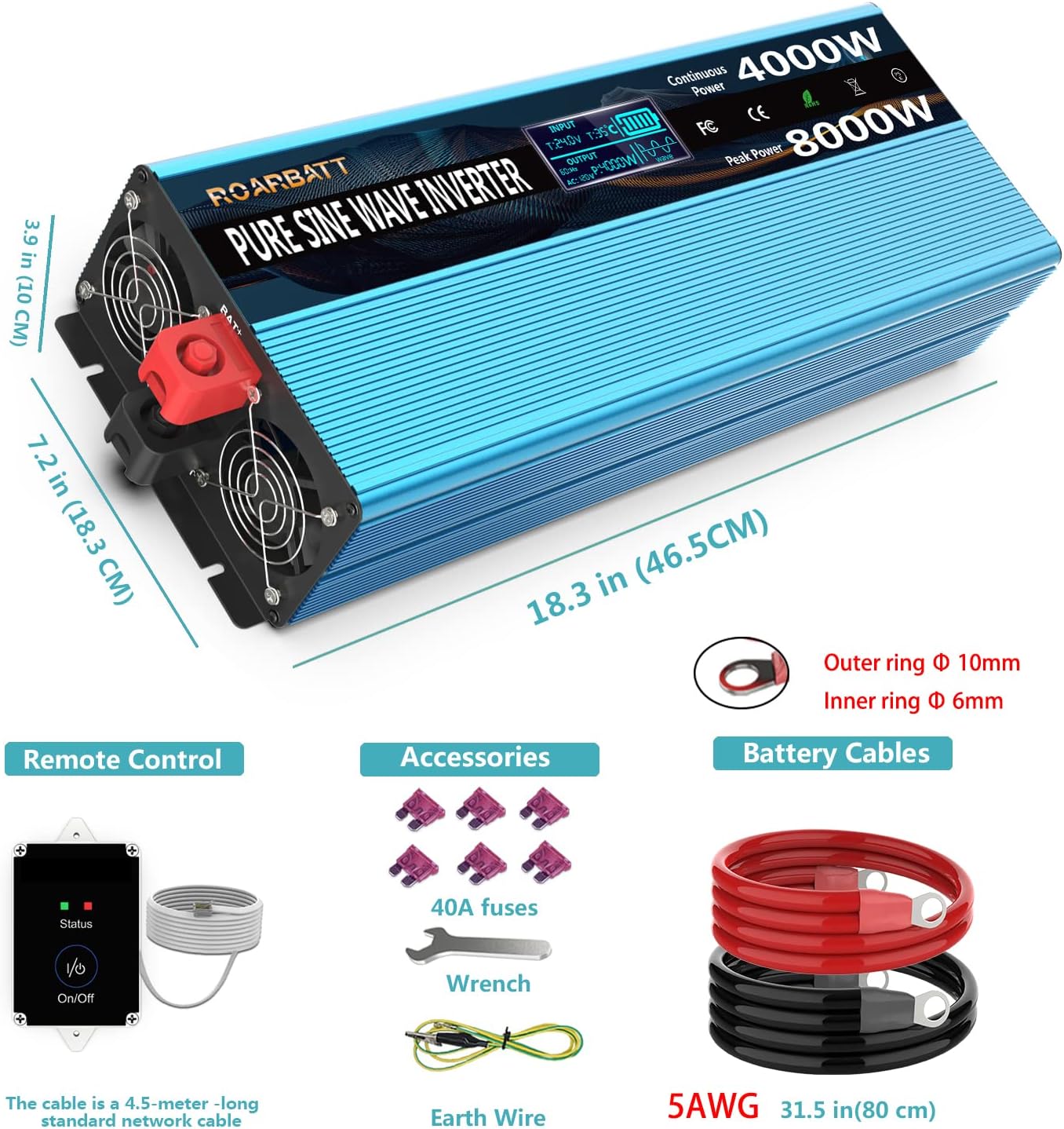 ROARBATT 4000W Pure Sine Wave Power Inverter accessories including remote control, battery cables, fuses, wrench, and earth wire