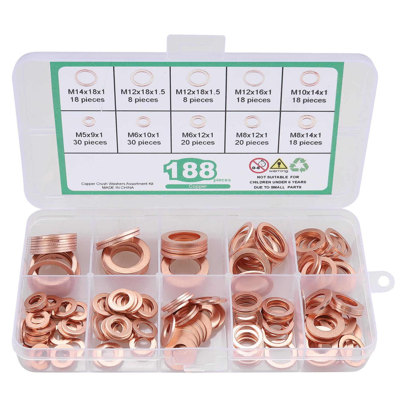 Toolly 188PCS 9 Sizes Metric Copper Crush Washers Assortment Kit Flat Ring Sealing Washer (M5 M6 M8 M10 M12 M14)