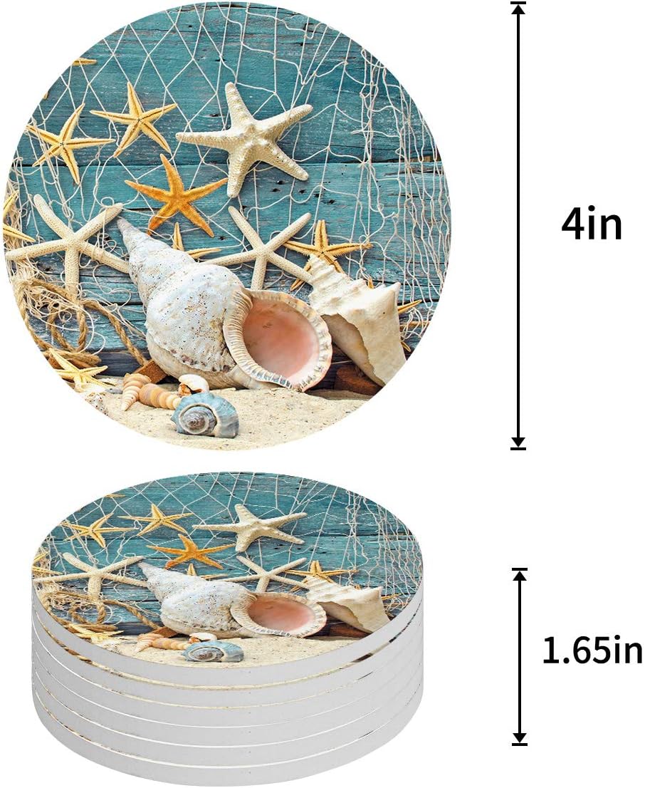 Grеаtеѕt Prоduсt Ceramic Coasters Set of 6, Beach Coastal Starfish Seashell Absorbent Stone Drink Coaster with Non-slip Cork Back and No Holder for Cups