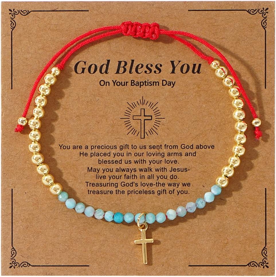 Gold Beaded Cross Bracelet Stack for Women, Gemstone Non Tarnish Adjustable Red String Gold Beads Bracelet Handmade Stackable Fashion Jewelry Christian Gift Inspirational Gift for Women