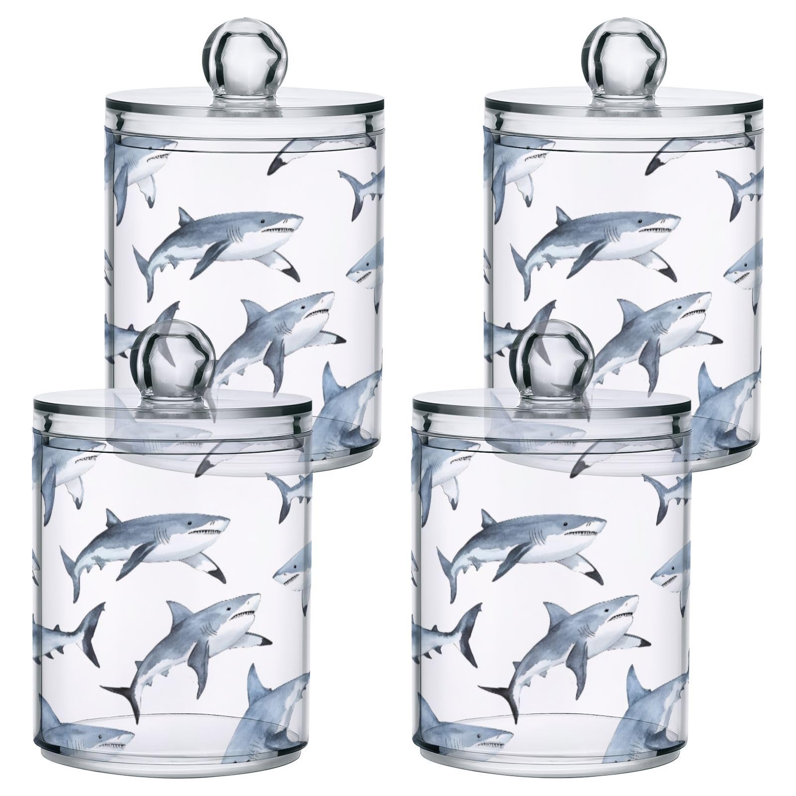 Msyxl 2 Pack Shark Apothecary Jars with Lid, Qtip Holder Storage Containers for Cotton Ball, Swabs, Pads, Clear Plastic Canisters for Bathroom Vanity Organization (10 Oz)