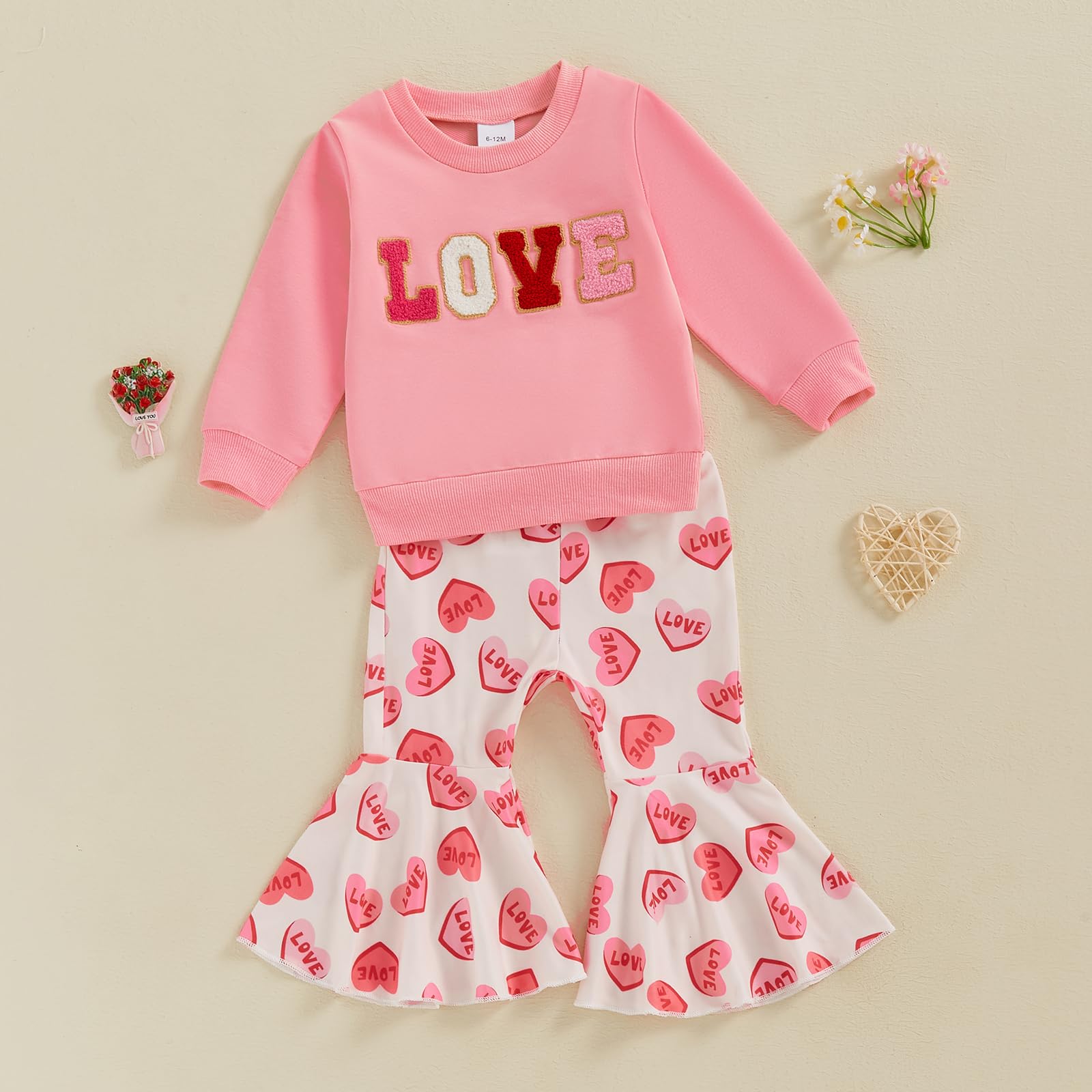 Engofs Toddler Baby Girl Valentines Day Outfit Long Sleeve Letter Print Sweatshirt Flared Pants Set (V2 Pink Love, 3-4T)
