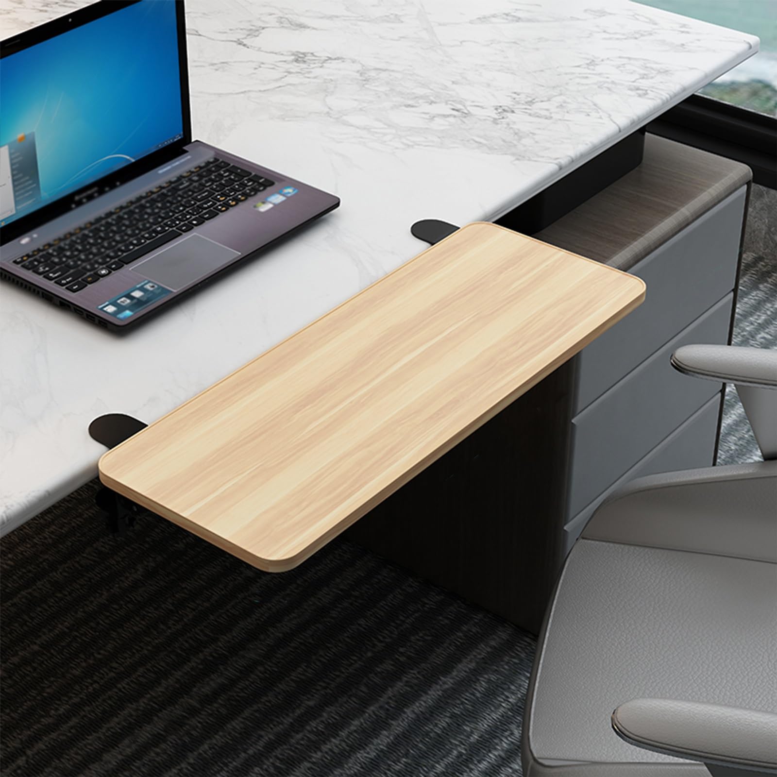 Przedłużenie biurka z drewna orzechowego z zaciskiem C, zdejmowaną tacą na klawiaturę i podparciem ramion, długość 52 cm, idealne do domowego biura i ergonomicznych rozwiązań w zakresie przestrzeni
