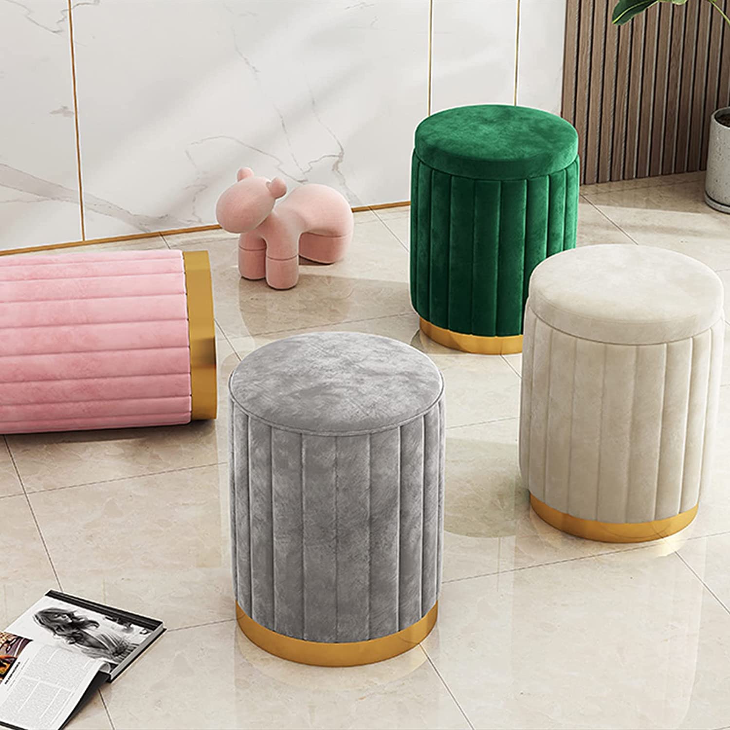 Pouf contenitore in velluto con base dorata, grande capacità, poggiapiedi imbottito per soggiorno, camera da letto, poltrona da toeletta rotonda, morbida ed elegante