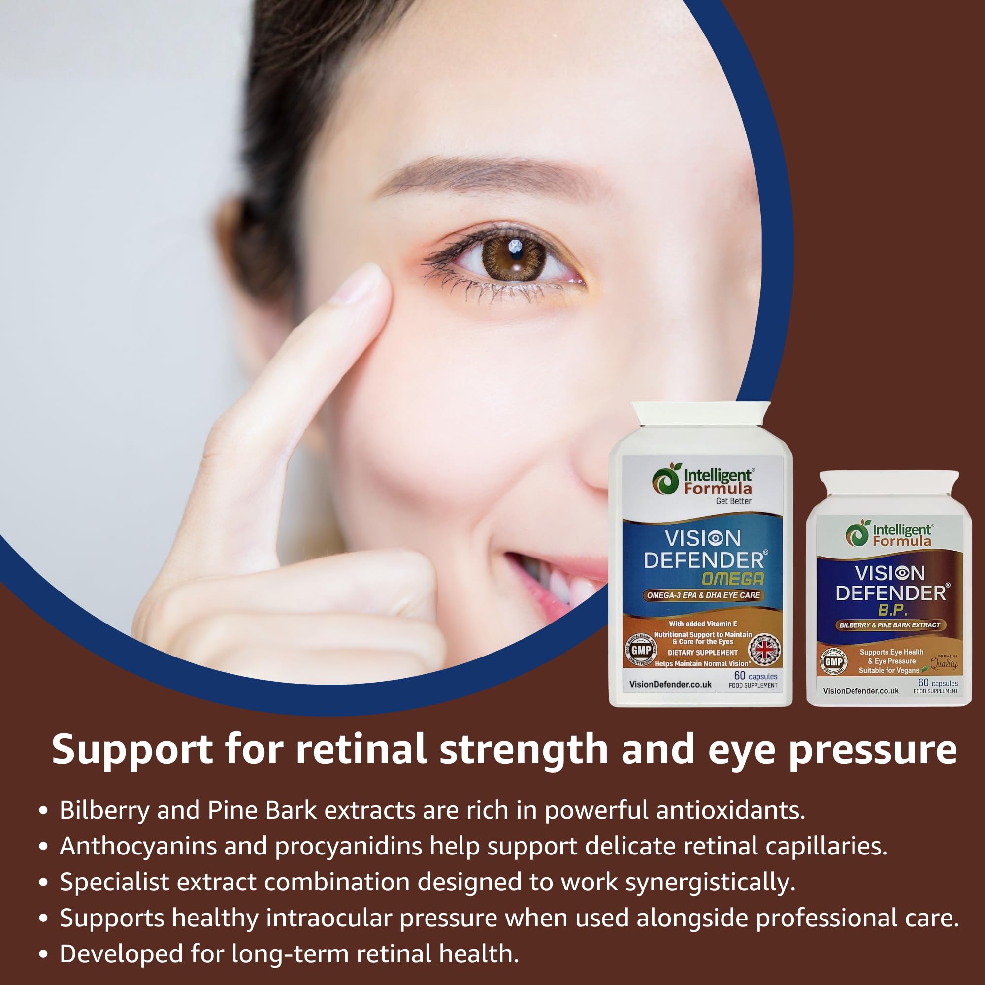 Vision Defender BP e Vision Defender Omega Bundle Cura Occhi - Estratto Mirtillo Corteccia di Pino Omega-3 Olio Pesce - (EPA-DHA) Vitamina E - Integratori Occhi Secchi Comfort - 120 Capsule - UK