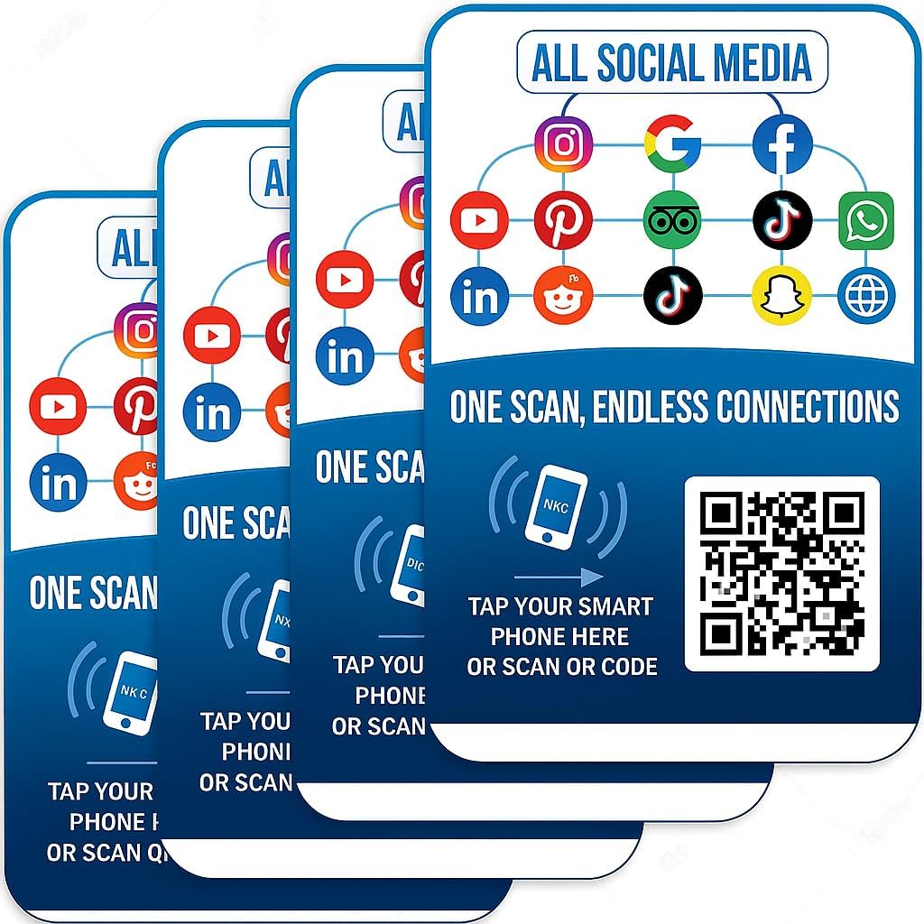 Social Media Networking & Review Hub Cards – 4-Pack NFC + QR Code Tags for Business, Friendship & Customer Engagement – Multi-Platform Connection Tool