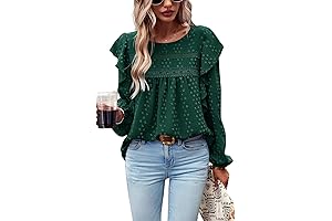 Women's Empire Long Sleeve Blouses Ruffle Swiss Dot Crochet Loose Fit 2024...