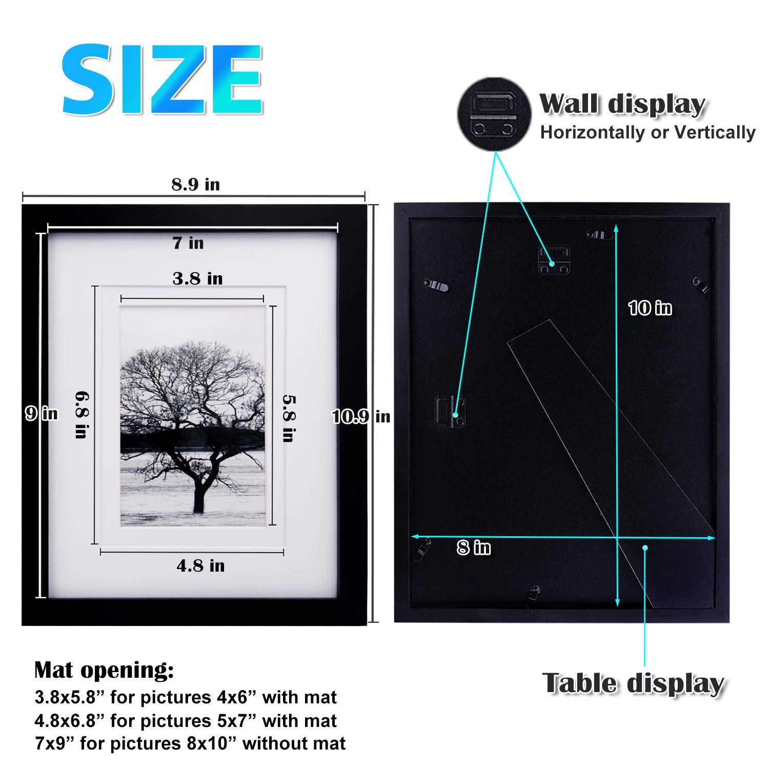 EGOFINE 10x8 Picture Frame,100% Solid Wood Frame with 7x5 Mat,10x8 Photo Frame with Acrylic Glass,20x25 cm Poster Frames for Tabletop and Wall Mounting,Black,3 Pack - Image 3