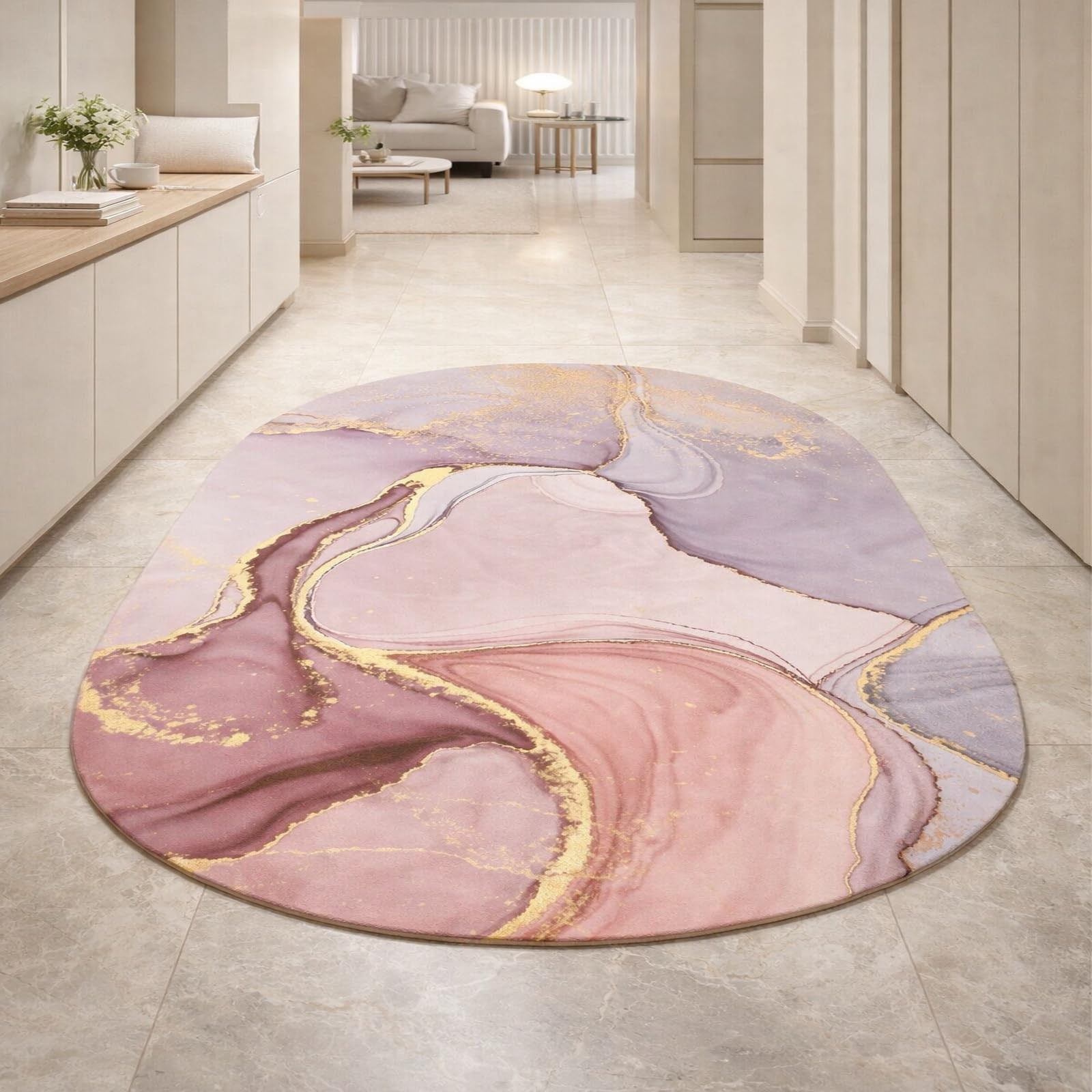 Tapis ovale salon abstrait coloré pour briser la monotonie des pièces rectangulaires