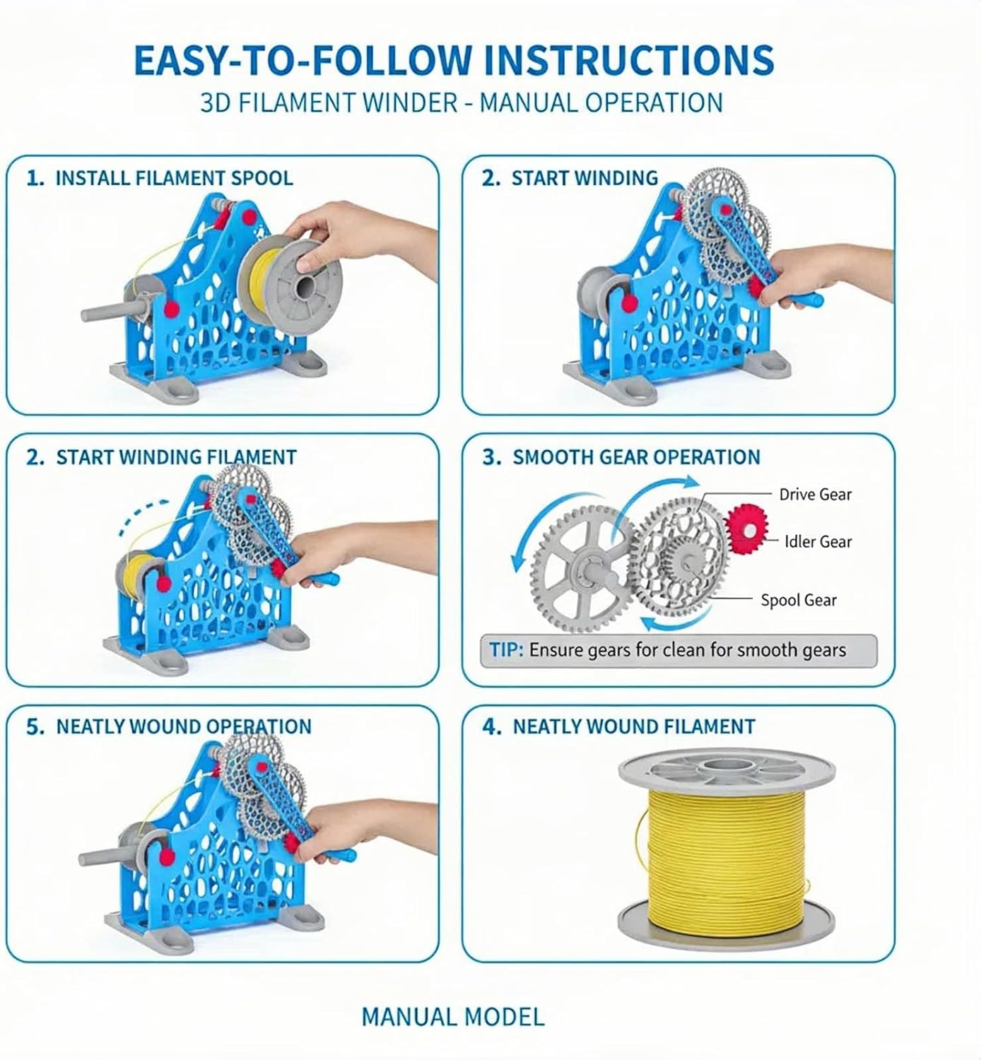 Hand-Cranked 3D Printer Filament Respooler – Uniform Wire Winder for 1Kg Spools with Removable Modular Design, Neat Wrapping for 3D Printing, Welding & Textile Arts