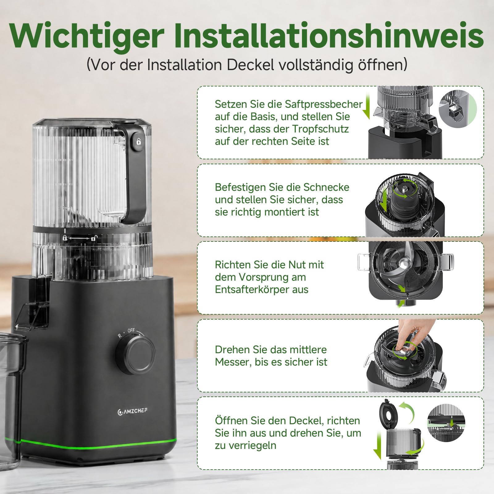 AMZCHEF Slow Juicer 600W 160 mm Einfüllschacht 2,5L Kaltpresse Saftpresse Matt Schwarz