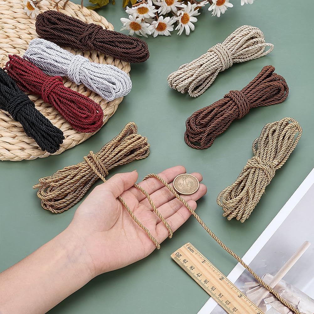 PH PandaHall 43.7 Yards Twisted Trim Cord Rope 3mm Braided Satin Cord, 8 Colors 3-Ply Polyester Twisted Silk Rope Cords for Sewing Curtain Christmas Halloween Garland Handbags Handles