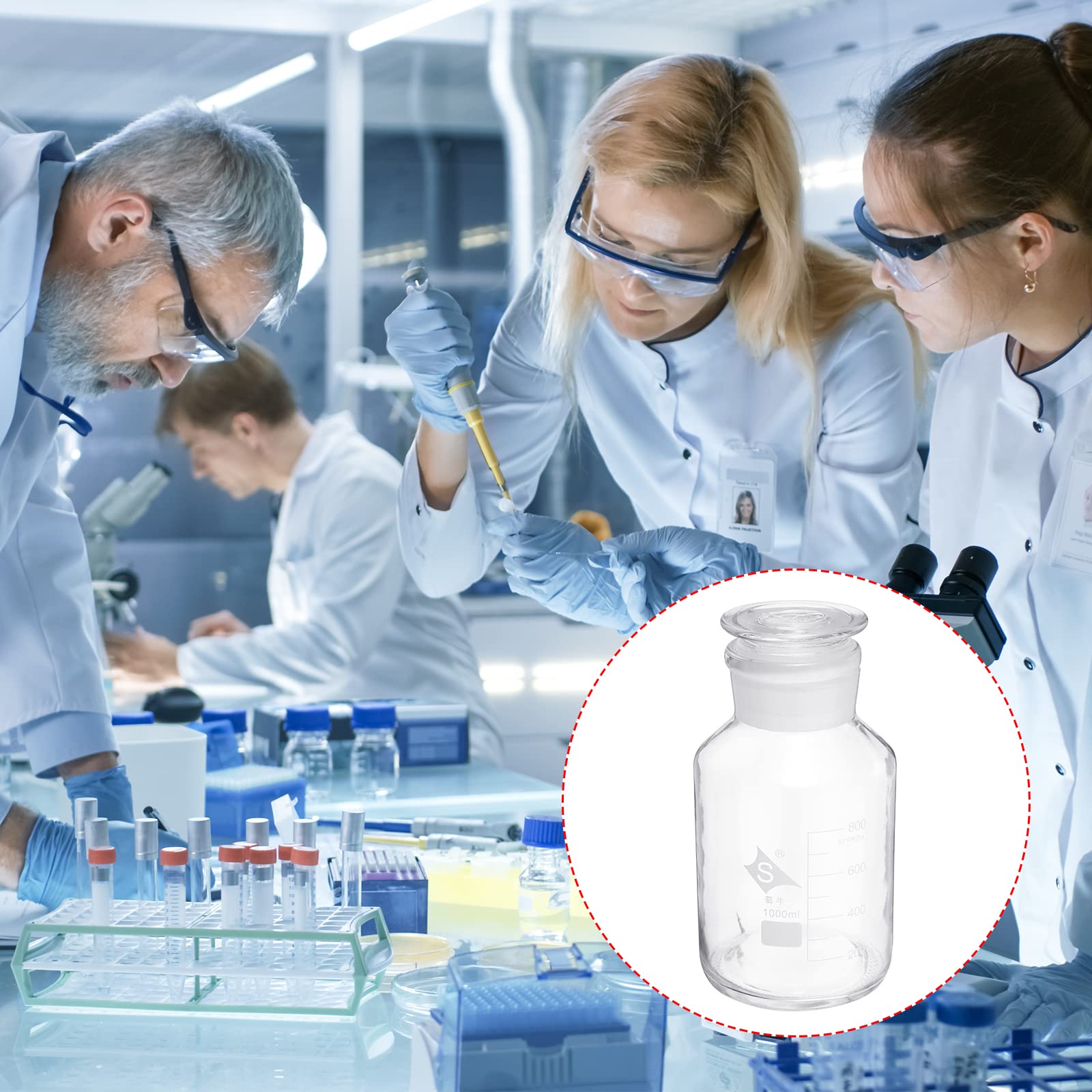 PATIKIL 1000mL Reactivo Medios Botella, 1uds Redondo Graduado Vidrio Almacenamiento Botella con Transparente Tapa para Laboratorio Hogar, Transparente