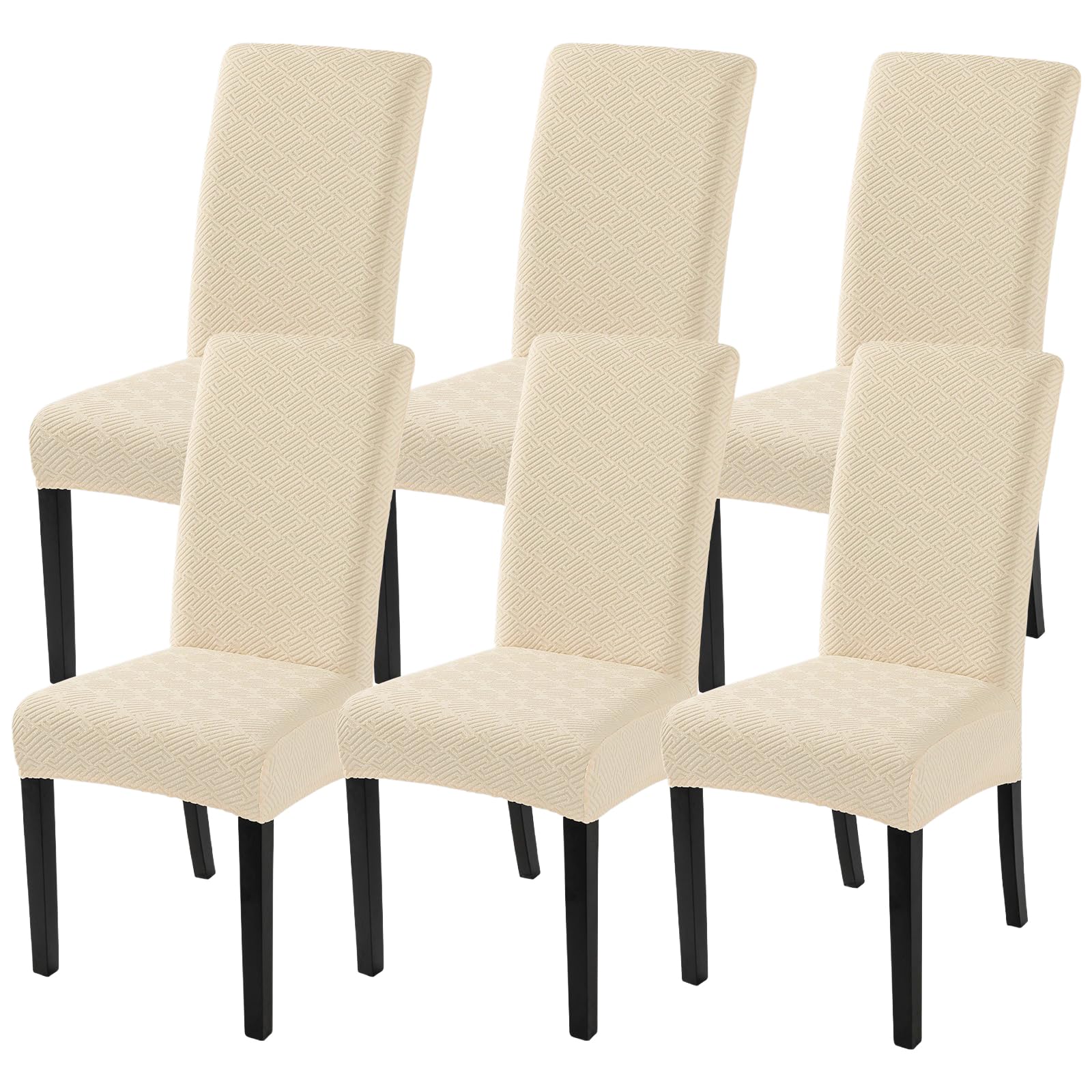 SearchI Jacquard Dining Room Chair Covers Set of 6, Stretch Kitchen Chair Covers Washable Parsons Chair Slipcover Removable Dining Chair Protectors for Hotel,Ceremony(Beige Maze Jacquard)